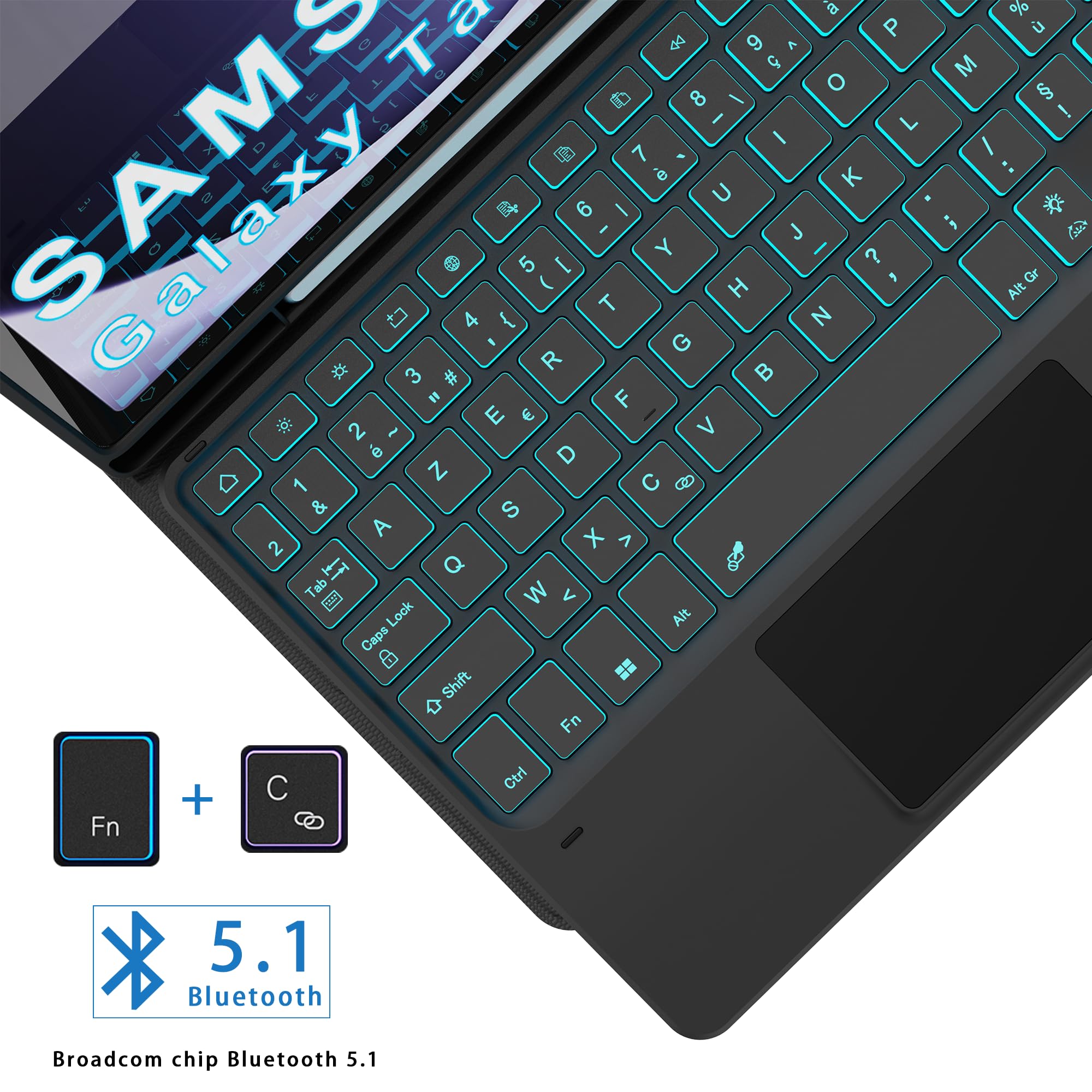 Étui Clavier pour Samsung Galaxy Tab A11 Plus/A9+ 11 Pouces - 7 Couleurs Rétroéclairées Amovible Tablette Coque Sans Fil avec Pavé Tactile – Tab A9 Plus 11" Rechargeable AZERTY Français Clavier Noir
