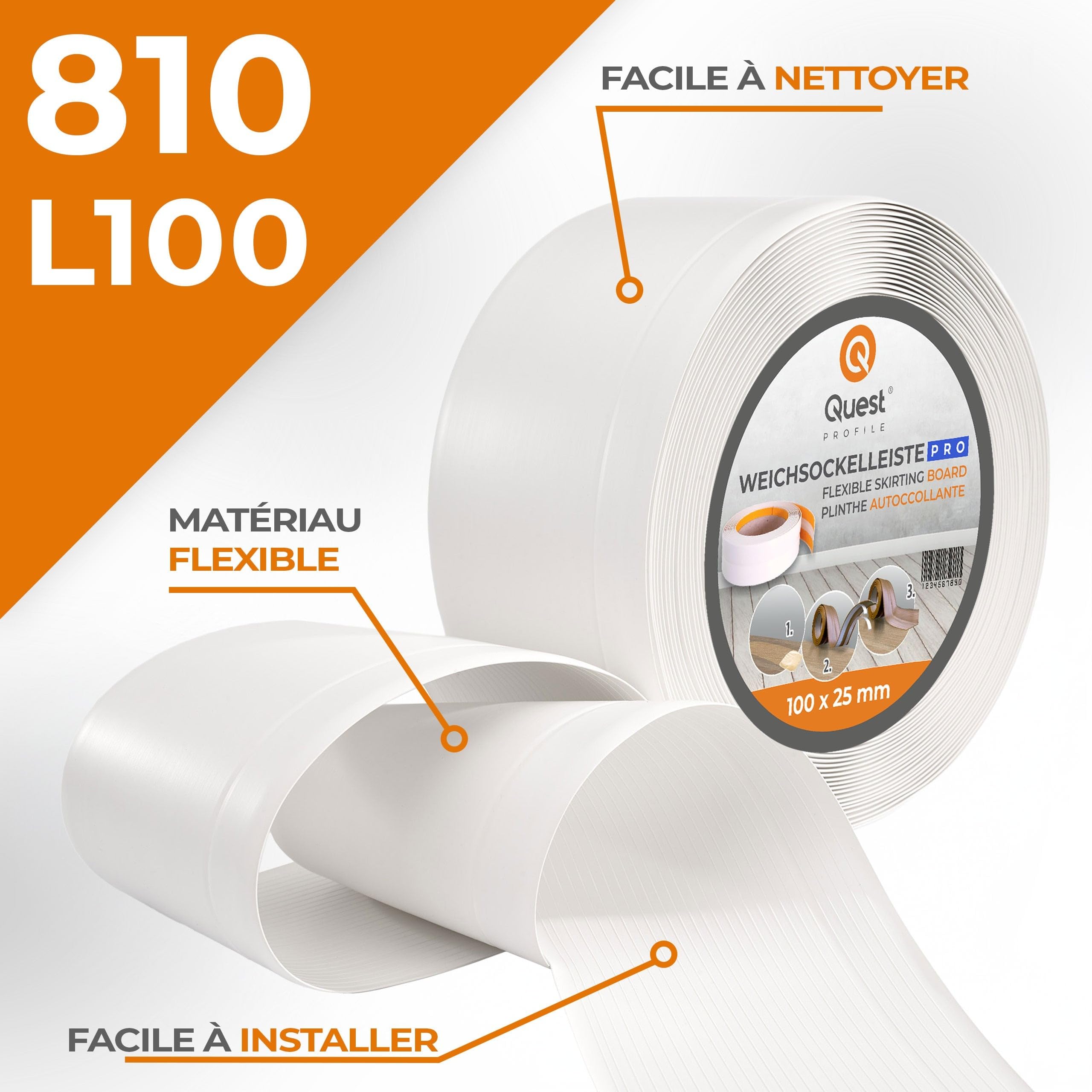 Quest Plinthe Souple PVC 100 x 25 mm Imperméable - Blanc, 25 m