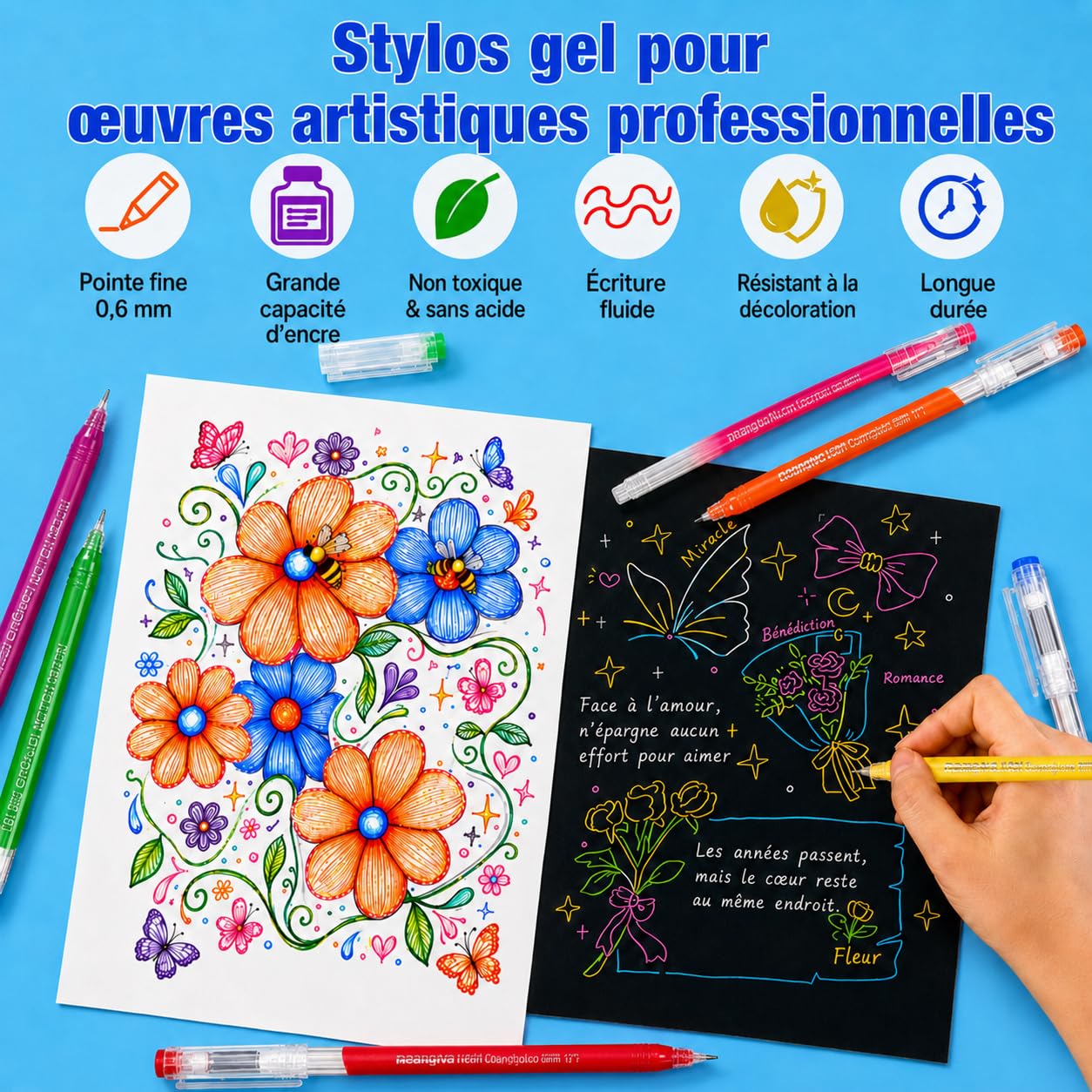 Laconile 240 Stylos Gel pour Coloriage Adulte – Pointe Fine 0,6 mm – Gel Pen pour Scrapbooking, Dessin, Écriture, Griffonnage, Journal – 231 Couleurs Vives + 3 Blanc/3 Argent/3 Or