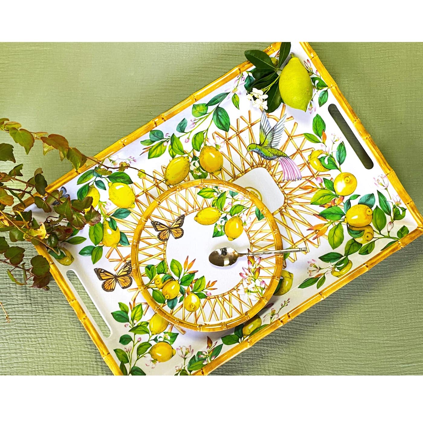 Les Jardins de la Comtesse - Duża prostokątna taca do serwowania z uchwytami z melaminy - Capri - 50 cm - Żółte cytryny - Quasi-Niełamliwa zastawa stołowa MelARTmine