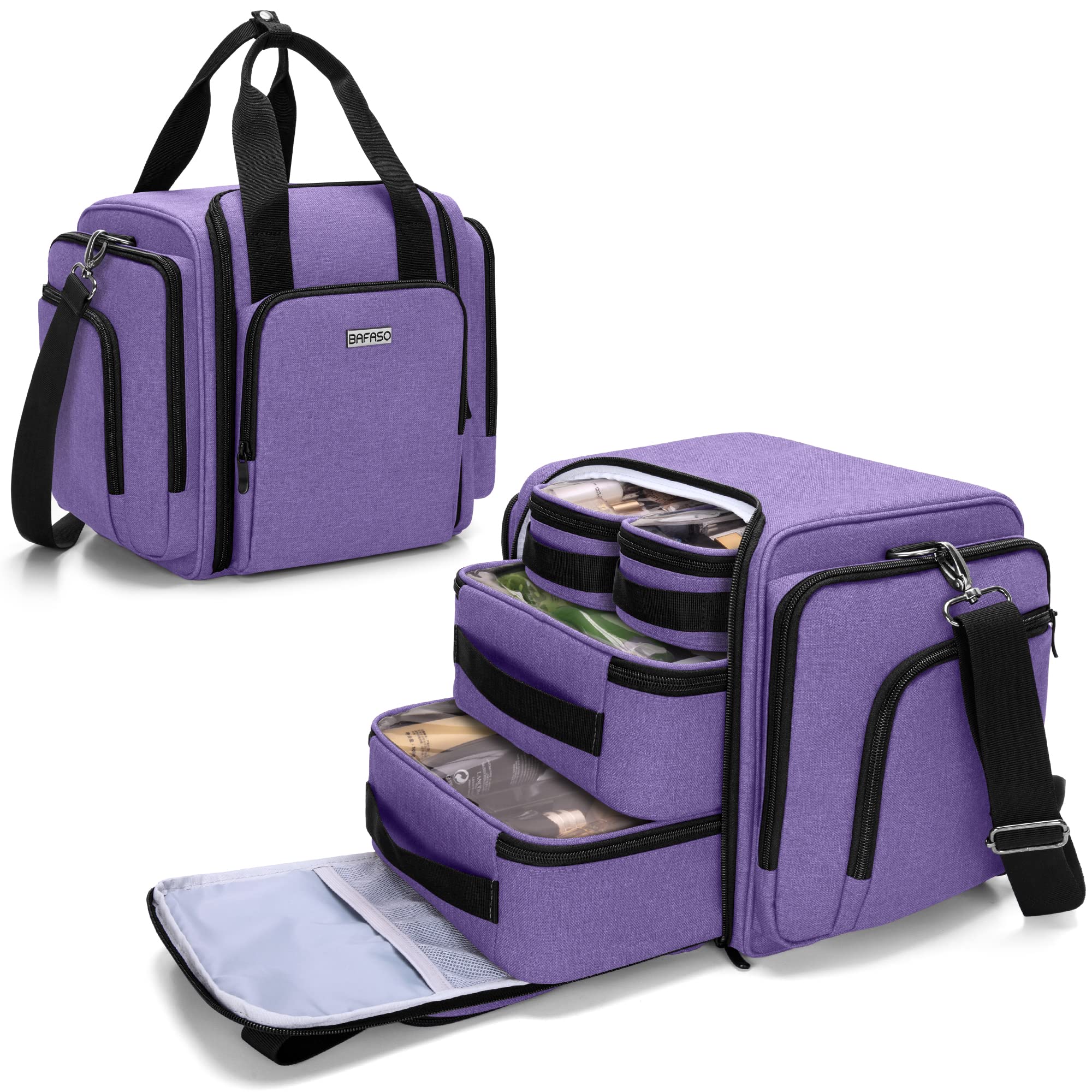BAFASO Borsa per Trucco con 4 Tasche, Borsa per Cosmetici, Viola | Borsa per il Trucco da Viaggio Multifunzionale
