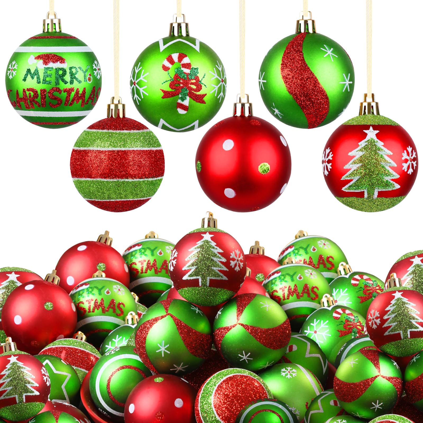 Lanpn Christmas Tree Baubles 30Pcs, Outdoor Elf Ball Glittering Xmas Decoration, Red Green Christmas Bulbs Hanging Decor, 6cm Shatterproof Plastic Ornament for Lawn Yard Holiday Party