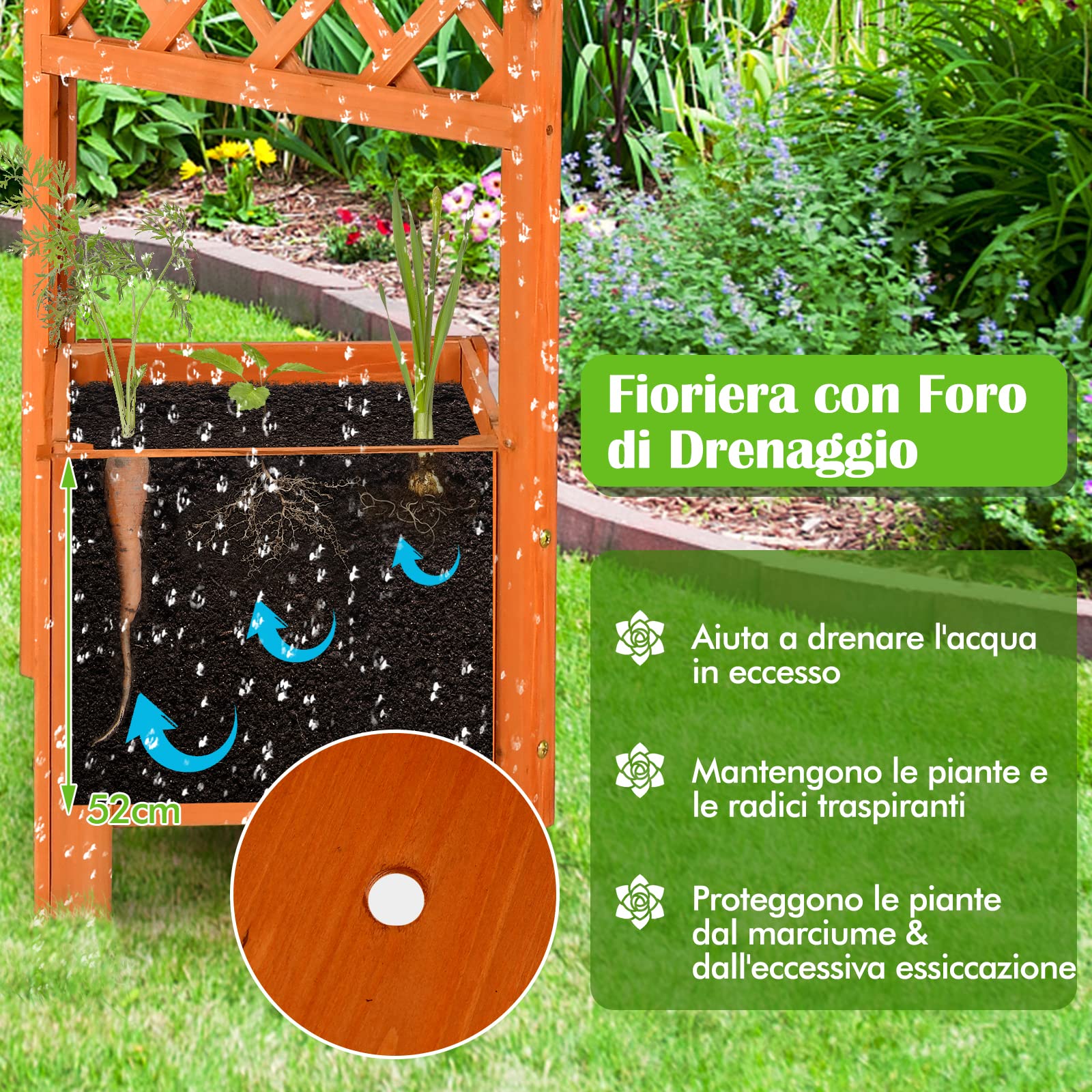 Letto Rialzato Da Giardino COSTWAY Con Tralicci – 80x40x126 Cm, Auto-irrigante, Drenaggio, Per Fiori, Ortaggi E Rampicanti, Balcone E Terrazzo