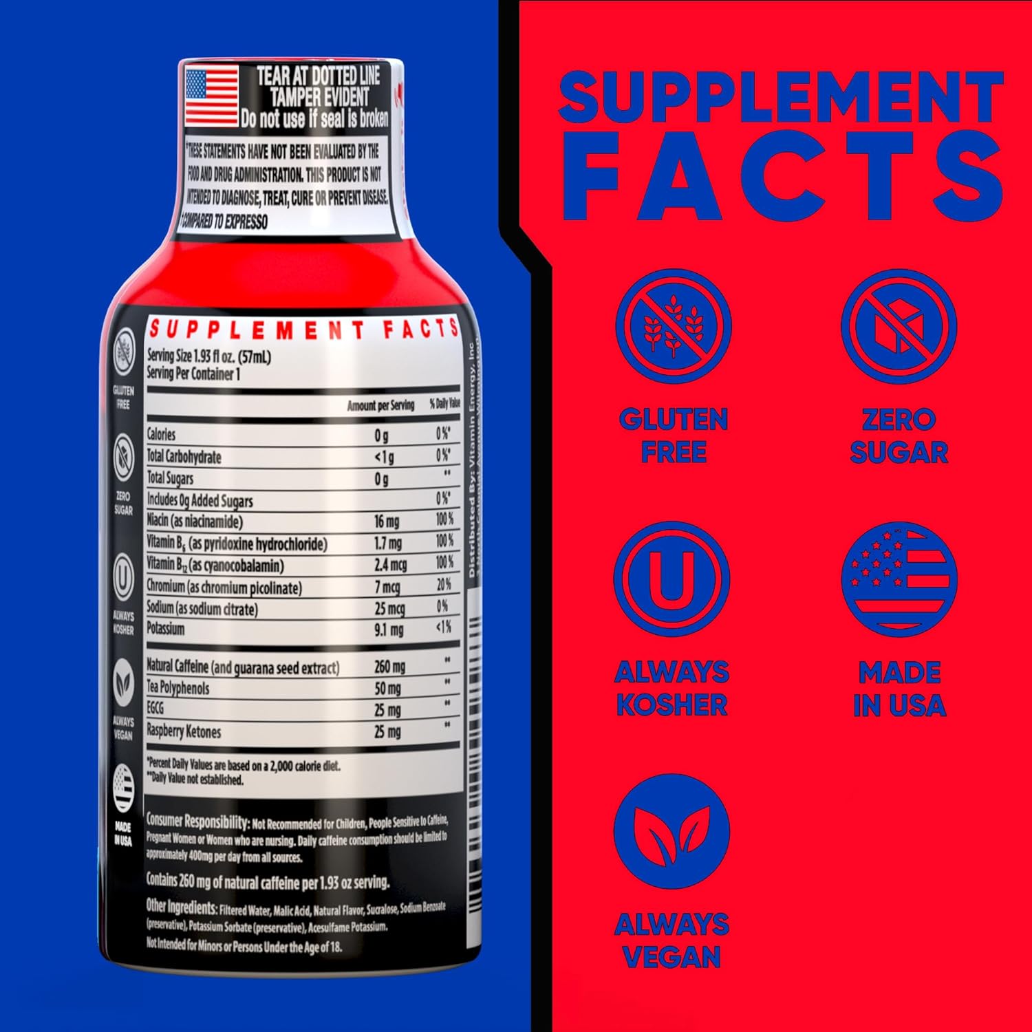 Vitamin Energy Burner+ Extra Strength Energy Shot Pomegranate Açaí 8 Pack, 260mg Natural Caffeine, 25mg Ketones, Green Tea, EGCG, Metabolism, Endurance, Zero Sugar, Gluten-Free, Vegan, 1.93 fl oz - Image 2