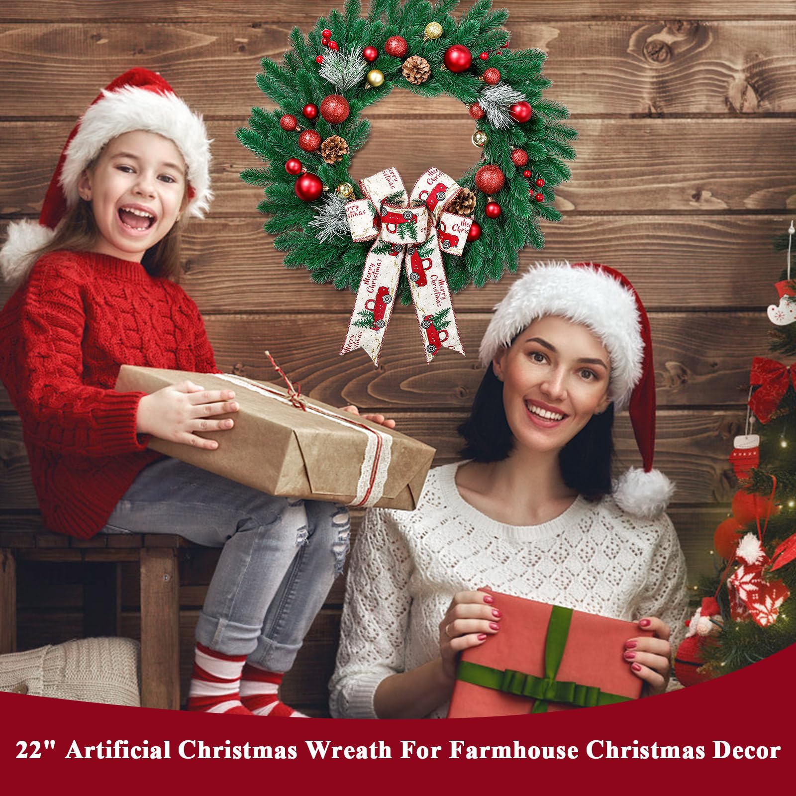 Coronas artificiales de Navidad de 22 pulgadas, corona decorativa duradera para colgar con conos de pino, bayas rojas, lazo a cuadros de búfalo, adornos de bolas para decoración navideña del