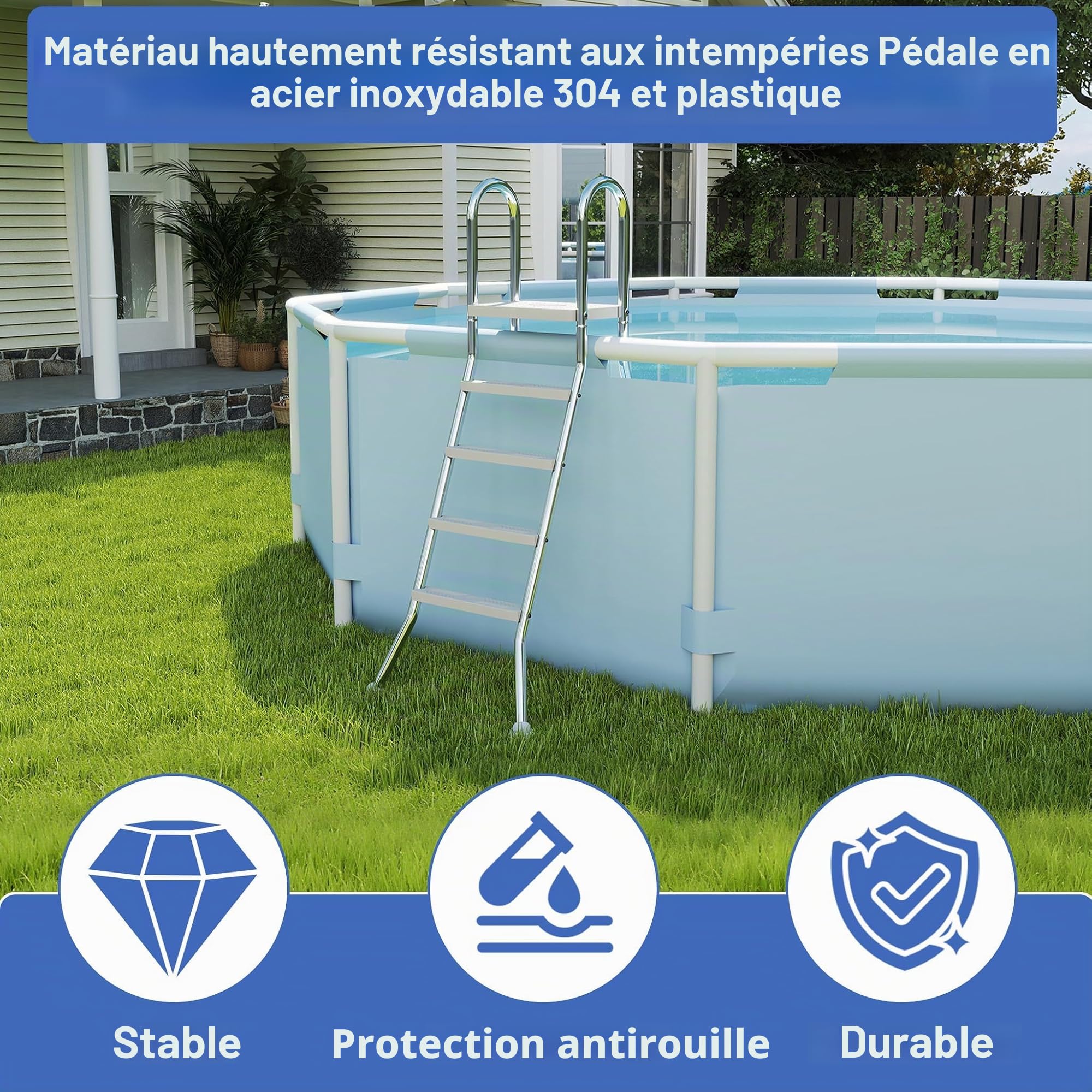 LZQ Échelle de Piscine en Acier Inoxydable - 135 cm de Hauteur - 4 Marches Antidérapantes - Charge Max : 150 kg - Sécurité Antidérapante - Échelle
