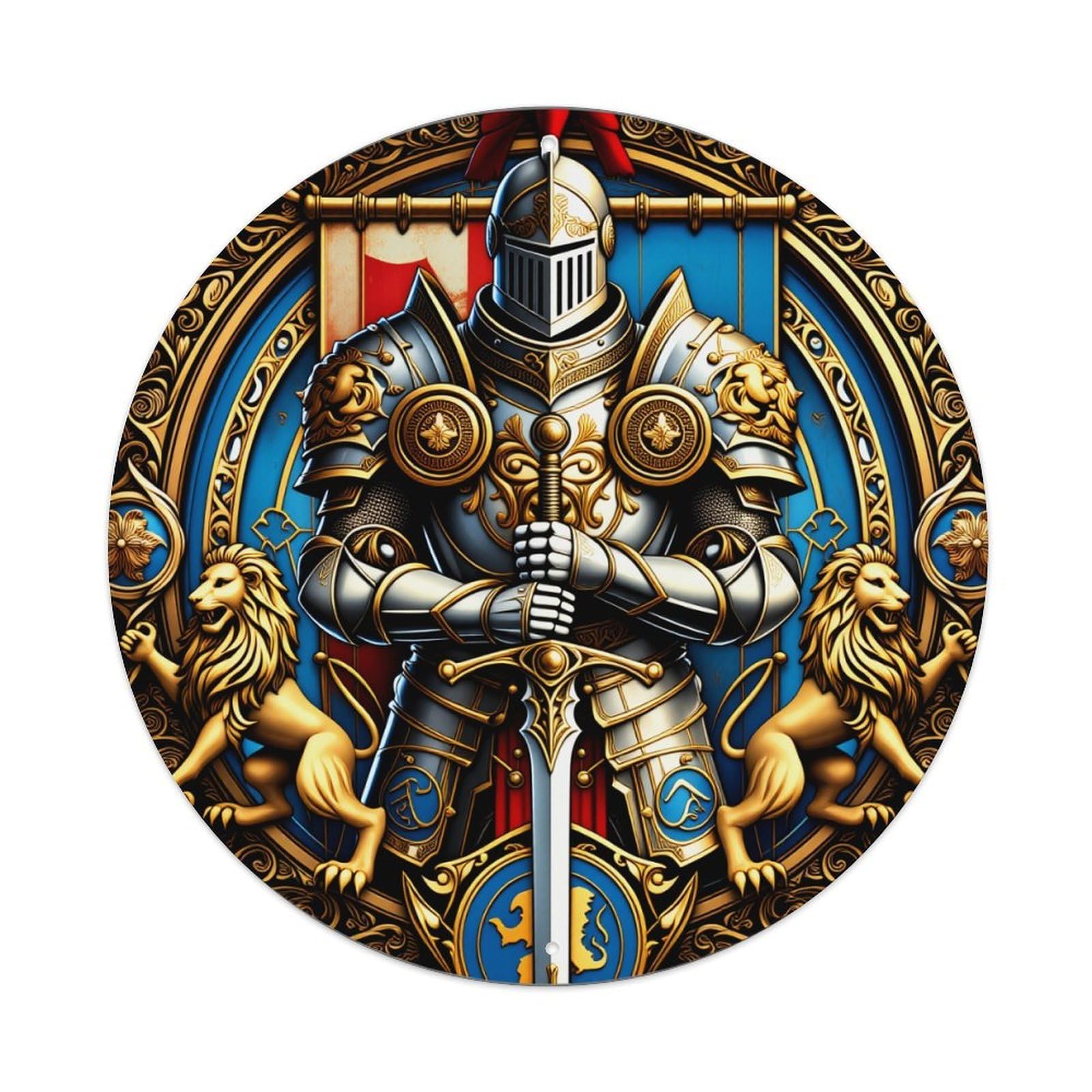 Wmlzdnwr Vintage Knight In Armor Holding Sword With Lions And Crest Round Tin Sign,Retro Wall Art,Metal Poster For Home, Bar, Garage, Cafe, Rustic Indoor & Outdoor Decor, 8X8 Inches
