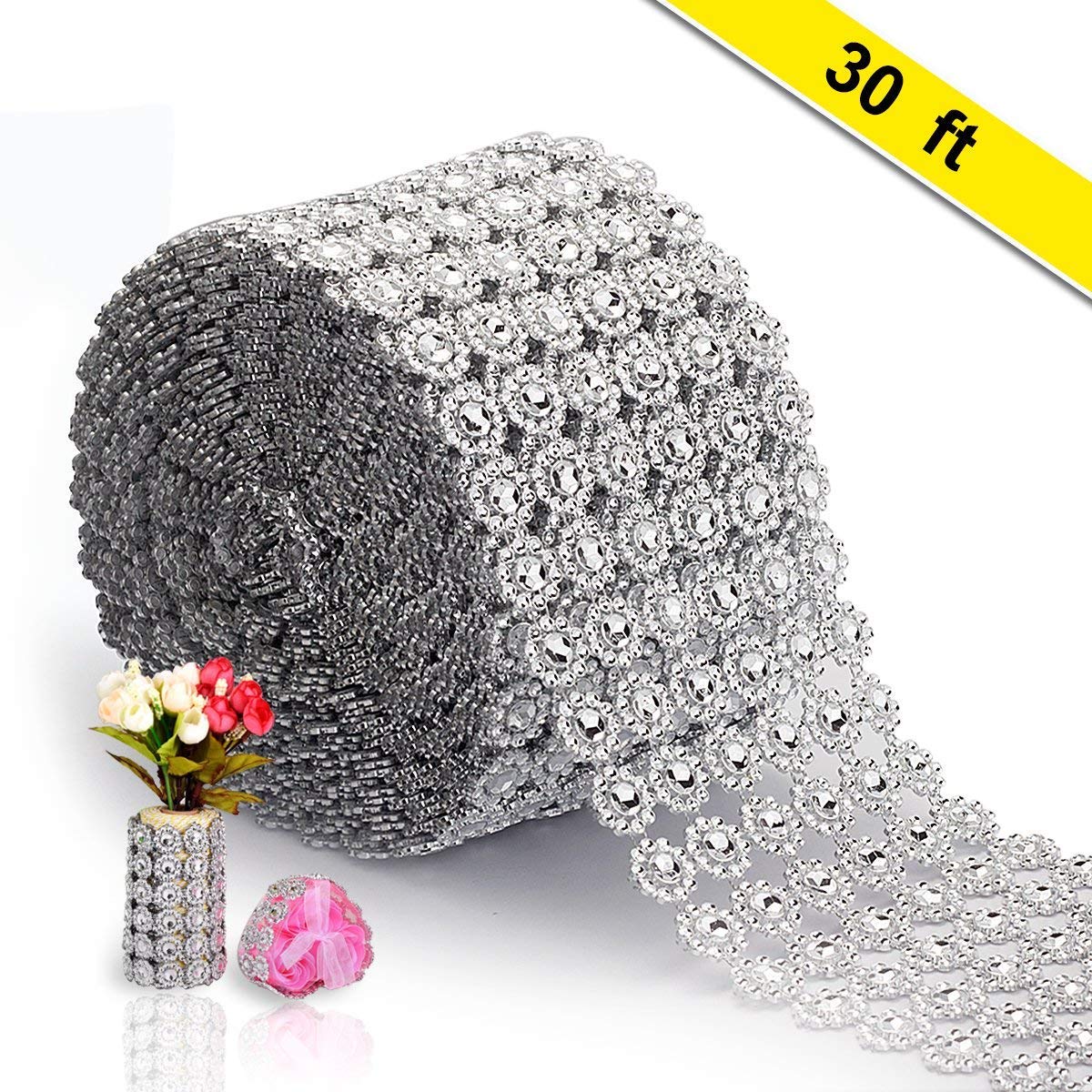 Silver Diamond Ribbon, AkoaDa Bling Diamond Wrap Silver Flower Mesh Ribbon for Event Decorations, Wedding Cake, Bridal & Party Decorations Acrylic Bling Rhinestone Roll (1 Roll, 6 Rows,30 Feet)