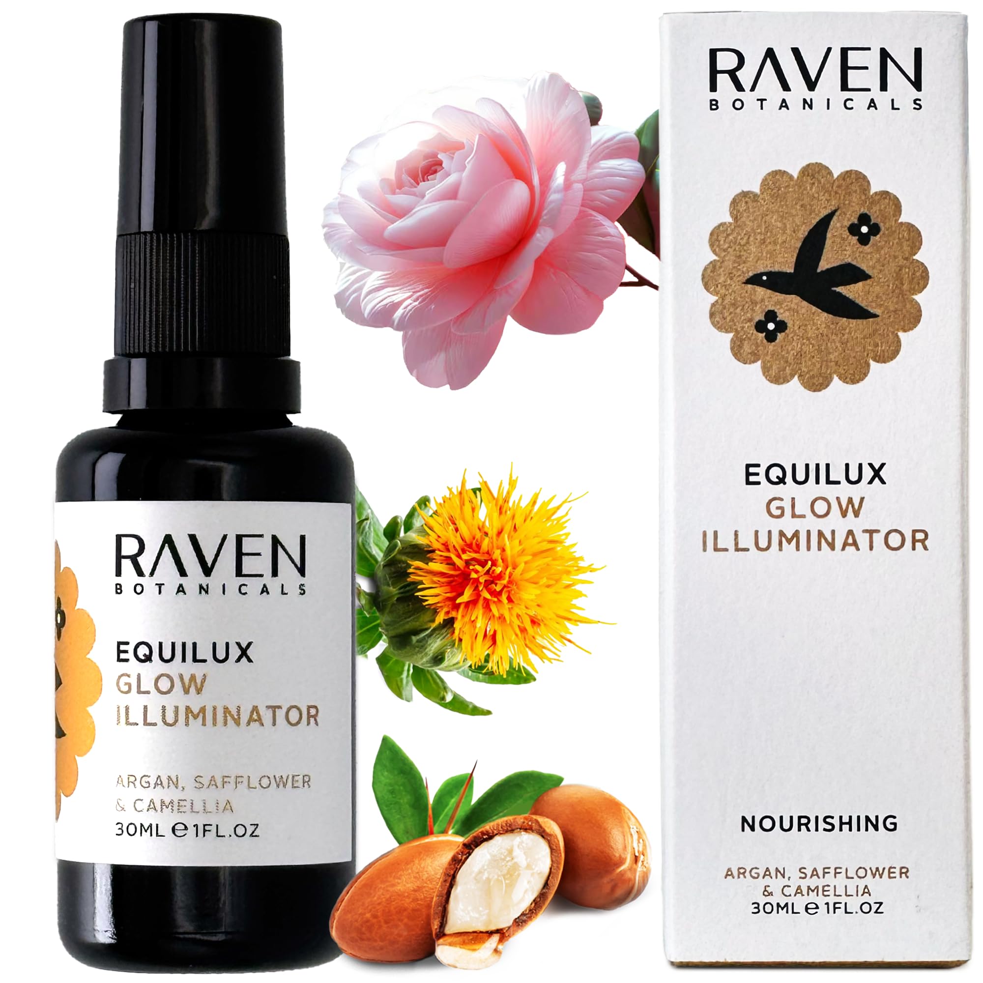 Raven Botanicals Liquid Highlighter - Illuminating Glow Drops for Dewy Radiant Skin, Highlighter Makeup - Equilux Glow Illuminator 30ml