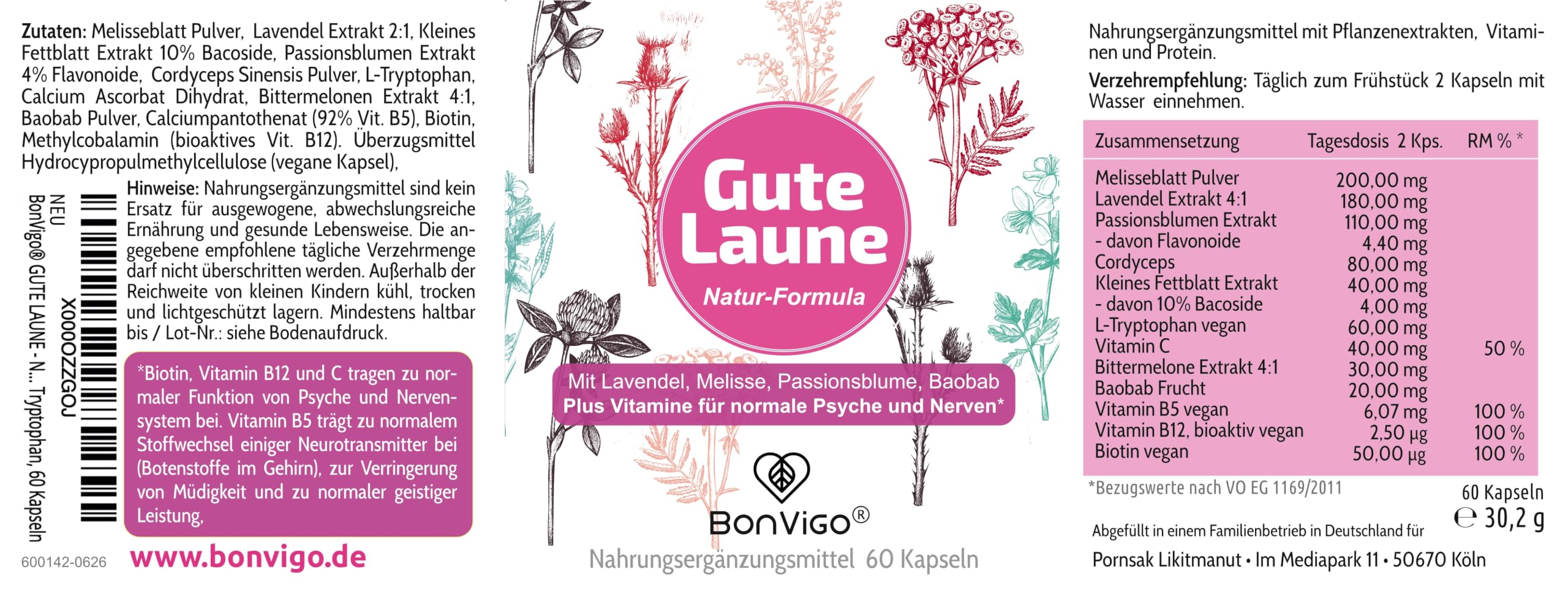 GUTE LAUNE - Normale Funktion Nervensystem & Psyche unterstützen (Vit. B7 B12), die Gehirn-Botenstoffe (Vit. B5) - Natur-Komplex Lavendel Passionsblume Melisse, Tryptophan, 120 Kapseln