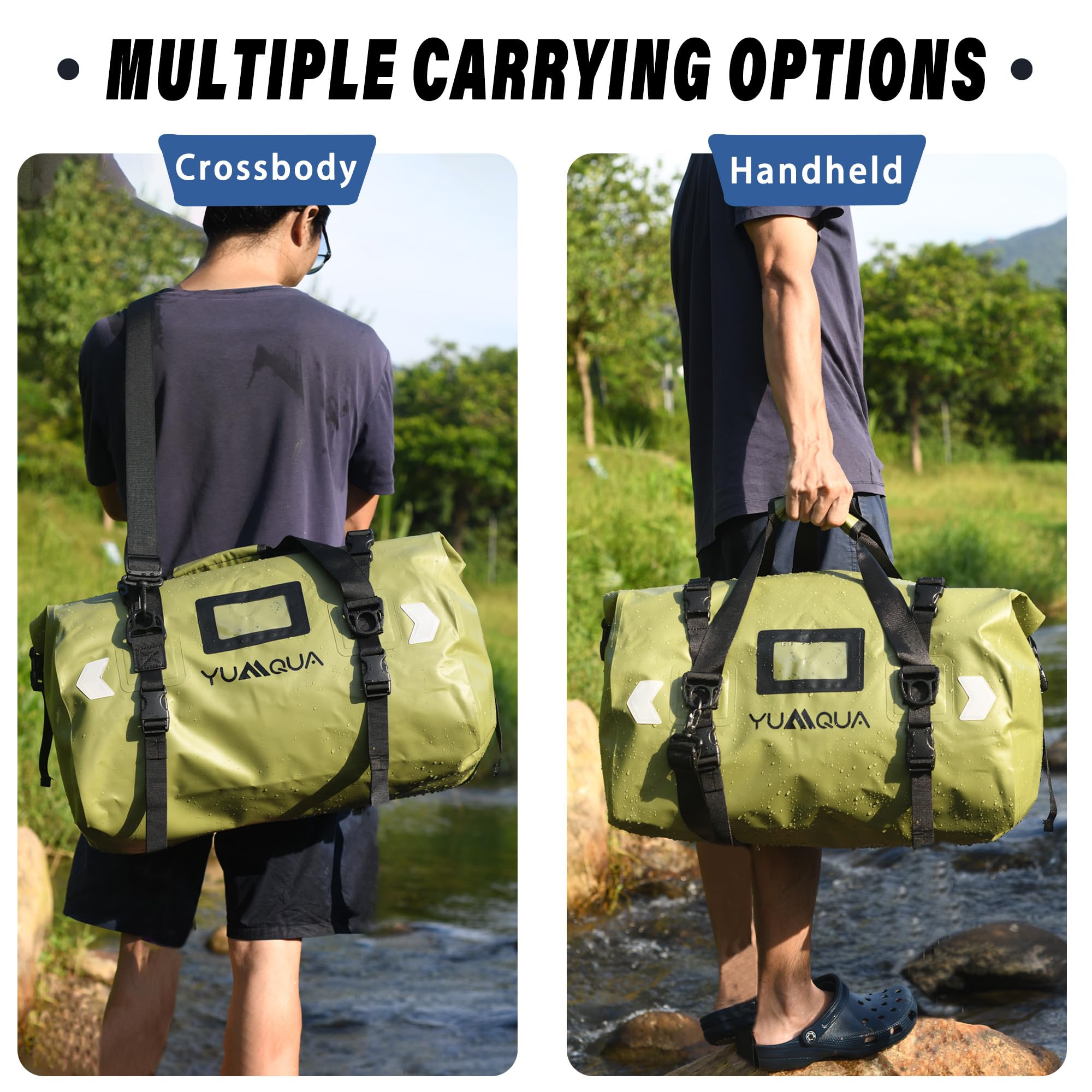 YUMQUA Bolsa de lona impermeable grande para motocicleta al aire libre, Verde militar-40L, 40L, Bolsa de lona impermeable | Bolsa de lona impermeable de PVC 500D con correa de hombro para barco, kayak, tabla de remo, pesca, camping