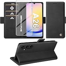 Giyer Cover for Samsung Galaxy A26 5G Case with Tempered Glass, Premium PU Leather Wallet RFID Card Slot Anti-Theft Function Stand Flip Case, Shockproof for Samsung A26 5G Cover (Black)