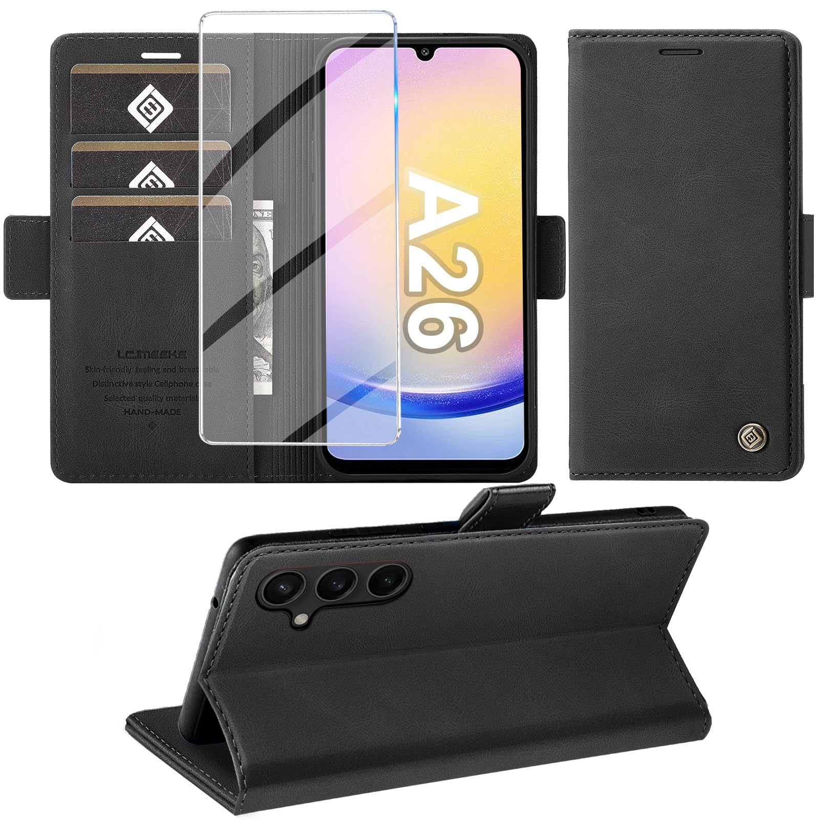 Giyer Cover per Samsung Galaxy A26 5G Custodia con Vetro Temperato, Premium Pelle PU Portafoglio Slot per Scheda RFID Antifurto Funzione Supporto Flip Case, Antiurto per Samsung A26 5G Cover (Nero)
