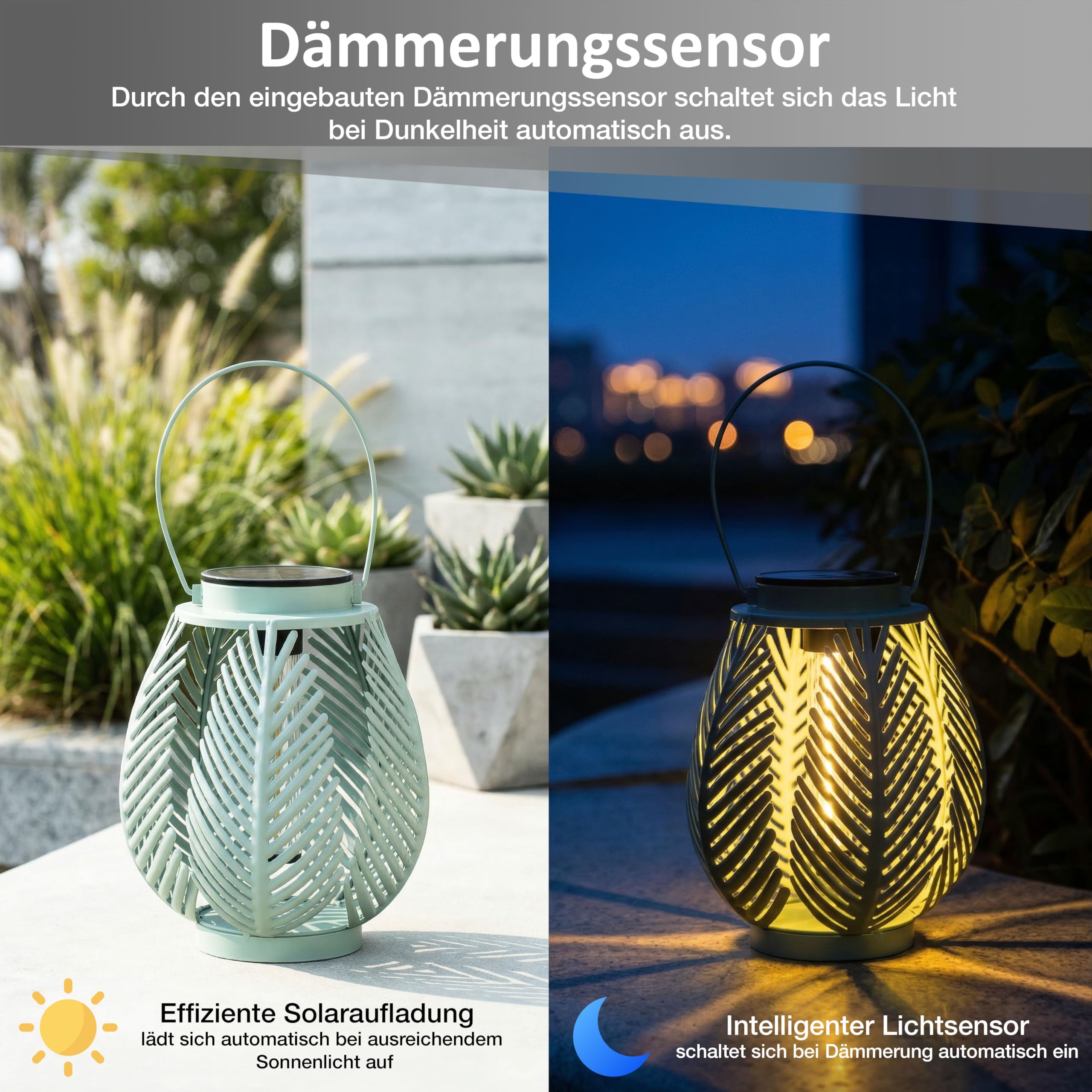 LED Solar Laterne Outdoor – Gartenleuchte mit COB LED Dämmerungssensor Metallgehäuse warmweiß Boho Gartenlampe (Farn-Blätter)