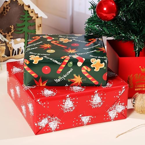 Miniatura 4 de Ulmasinn Papel de regalo de Navidad para niños, niñas, niños, rosa, rojo, verde con lindo Papá Noel, galletas de caramelo de árbol de Navidad y