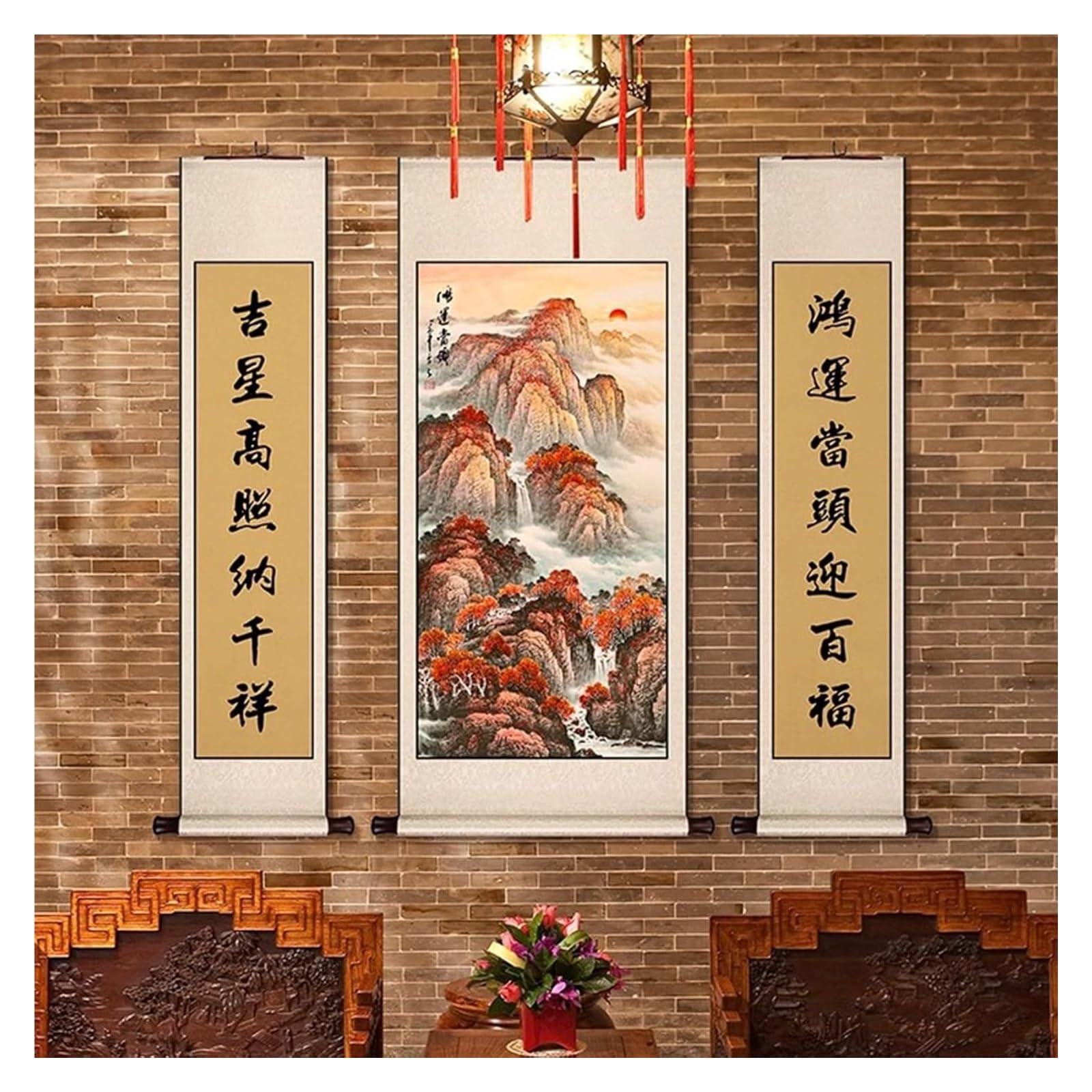 Zestaw 3 obrazów z motywem górskim, do powieszenia w salonie, pionowa sztuka ścienna w stylu orientalnym Feng Shui, dekoracja gotowa na prezent(Creamy White B)