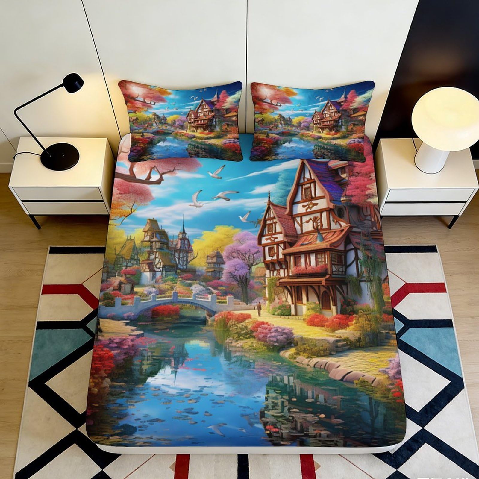 3D Printed Fairy Tale Village Fitted Sheet Microfiber Soft Colorful Landscape Bed Cover for Bedroom Guestroom Decor 90x200x25cm