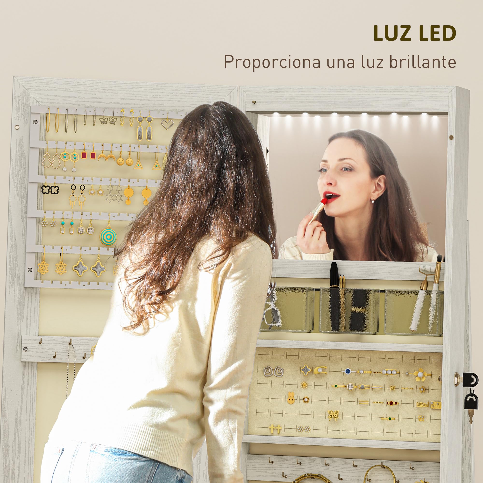 HOMCOM Espejo Joyero de Pie con Luces LED y Cerradura Armario de Joyas Blanco Veta Madera