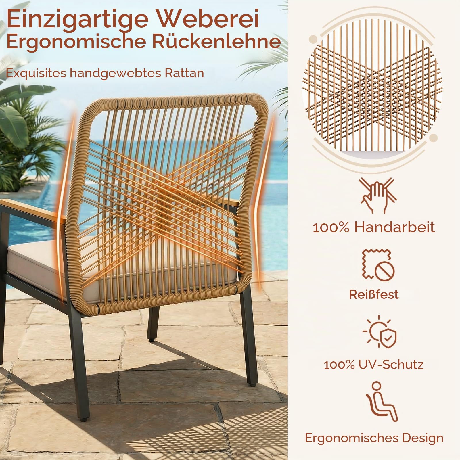 LIFERUN Gartenstuhl Rattan 1er Set, Terrassenstühle, Balkonstühle Metall