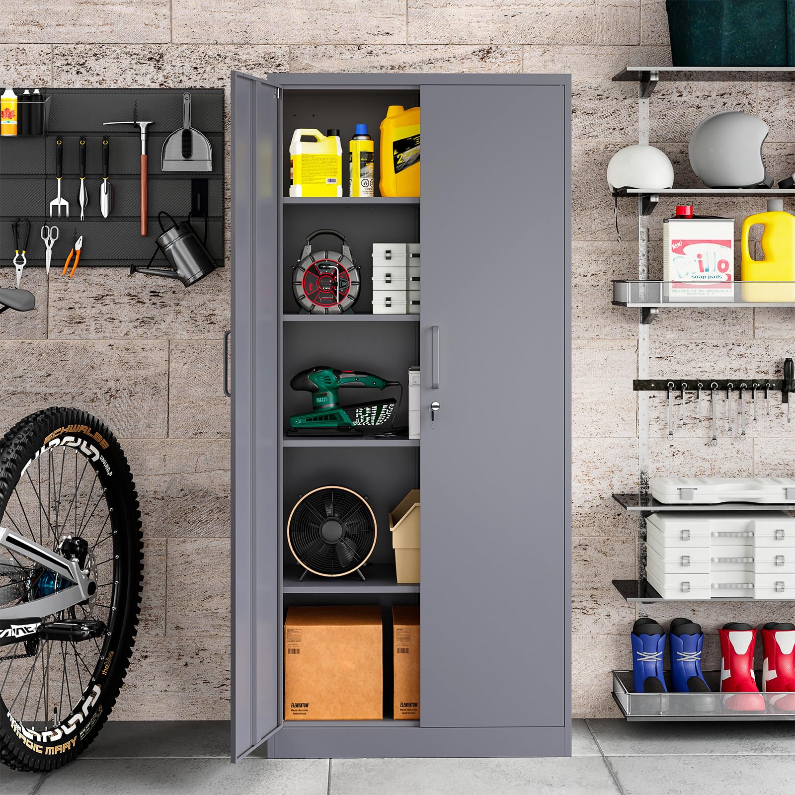 Sightlife Metal Garage Storage Cabinet with 2 Doors 4 Adjustable Shelves Lock Steel Tool Cabinets Lockable File Cabinet Tall Locker Organizer Steel Garage Cabinets for Home Office 170X78X39cm