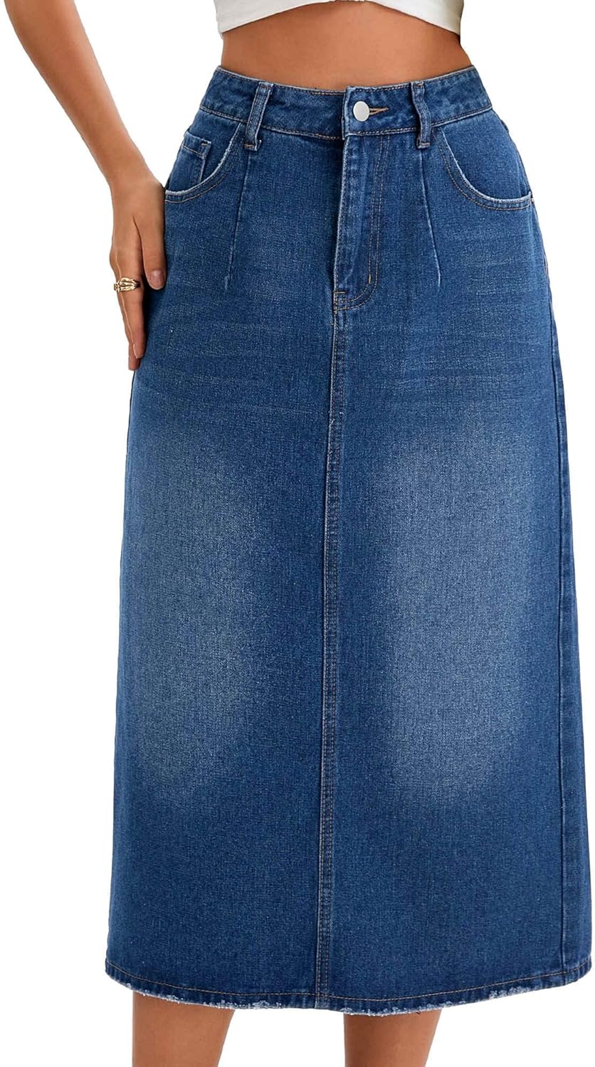 Women's Denim Skirt High Waisted Split Back Pockets Casual Pencil Midi Jean Skirts