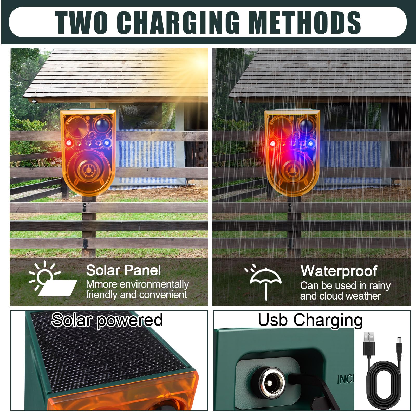 Qualirey Paquete de 2 alarmas solares con sensor de movimiento para exteriores, alarma ultrasónica disuasoria de animales, 13 sonidos, 130 dB, fabricante de ruido fuerte con control remoto USB, 4