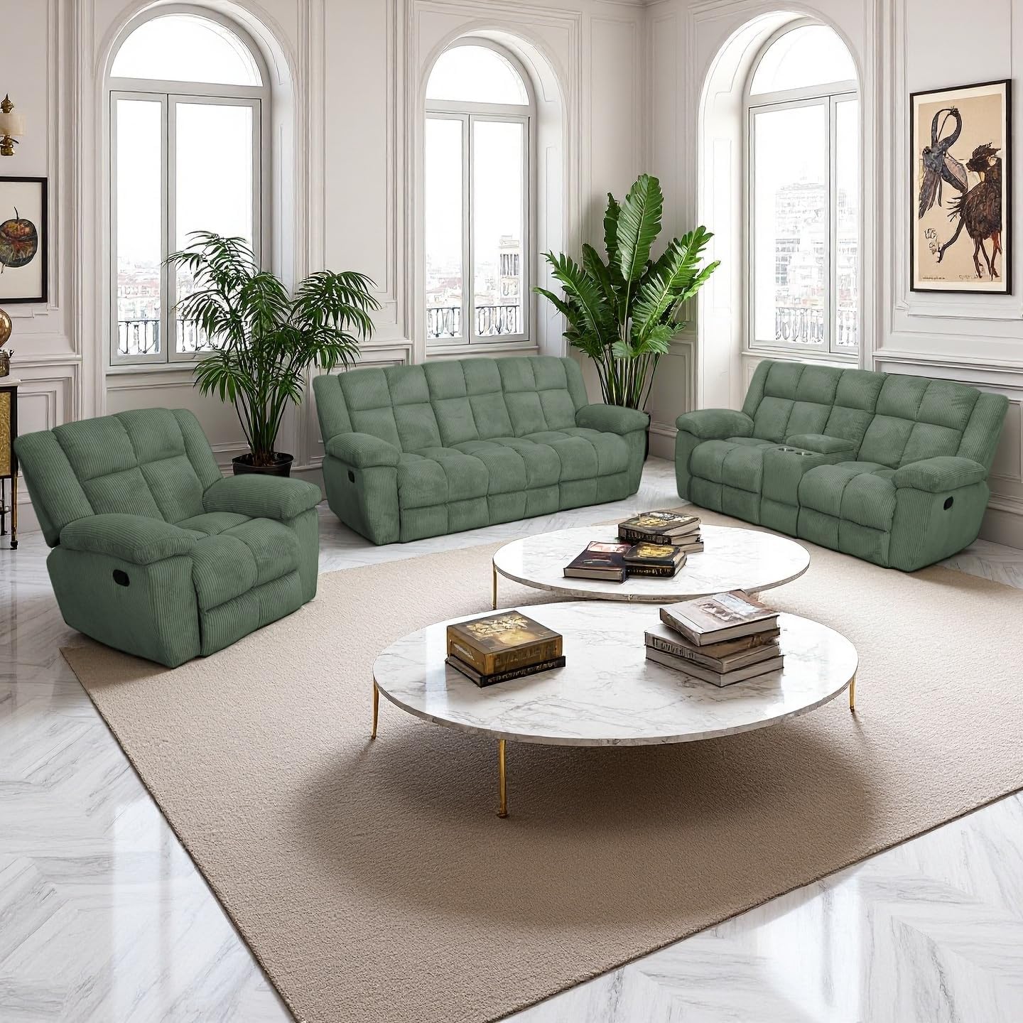 Oversize Manual Corduroy Living Room Recliner Sofa Set, Corduroy Sofa Couch Set with Drop-Down Table and Cup Holder for Living Room/Apartment/Office (Green, Sofa Loveseat Chair)