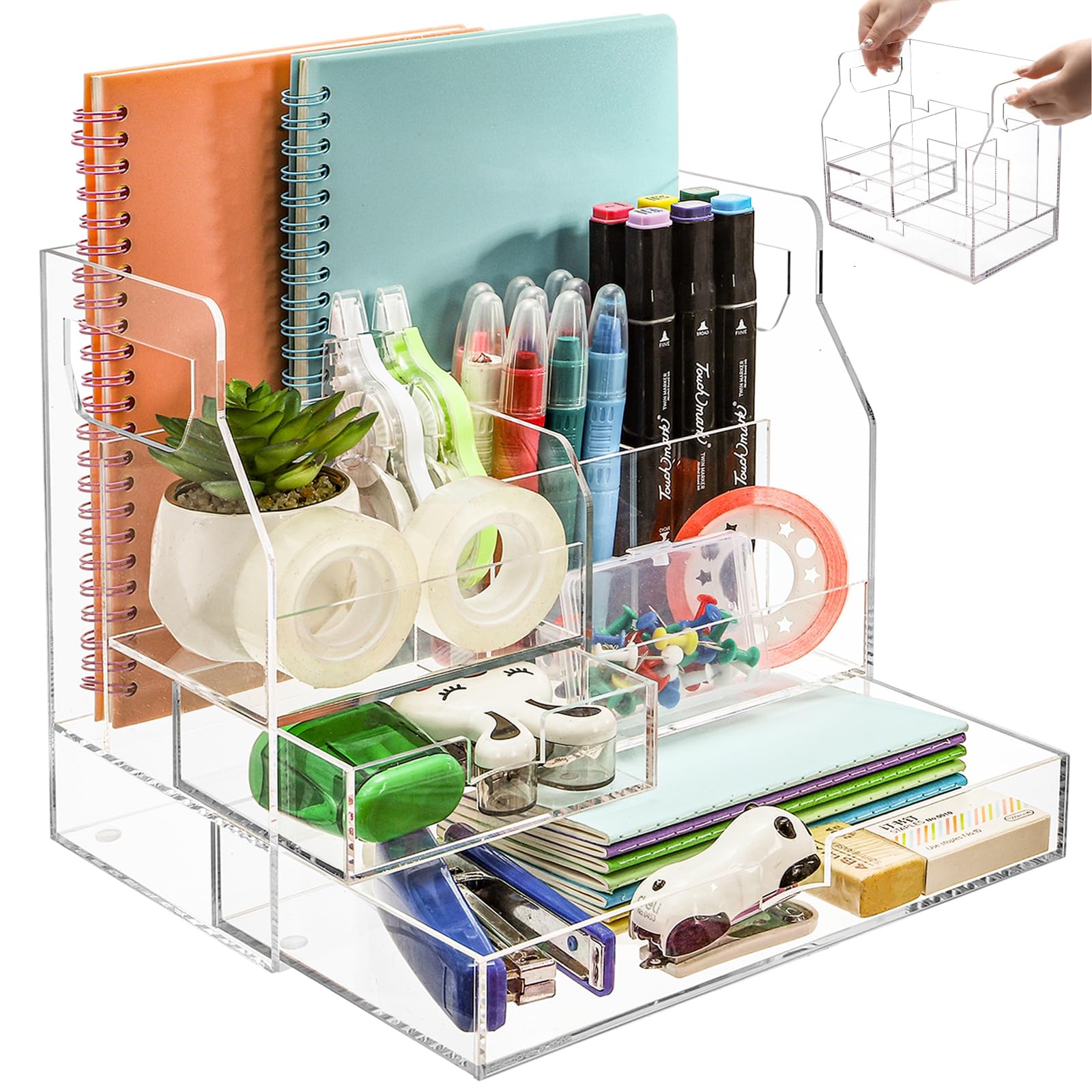 Cididu Acrylic Desk Organizer with 2 Drawers, Clear Office Drawer Organizer with Handle, Pencil Pen Holder Storage Desktop Accessories 7 Compartments