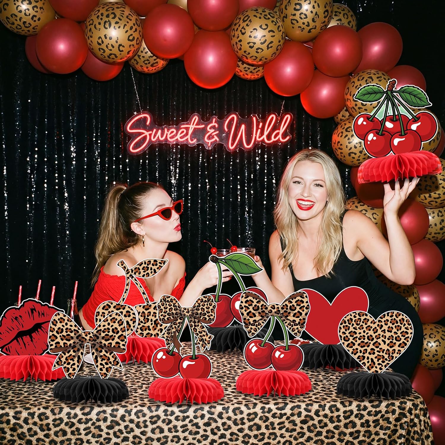 12 Pcs Cheetah Cherry Party Decorations Leopard Themed Honeycomb Table Centerpieces Cheetah Cherry Leopard Party Table Decor for Safari Animal Birthday Decorations Sulpplies
