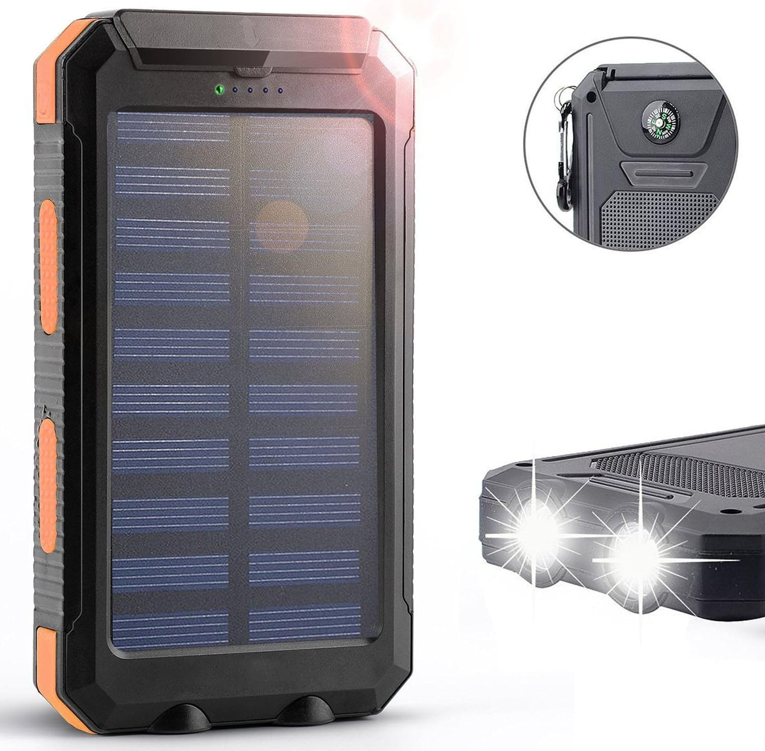 Tagital Solar Charger, Solar Power Bank 12000mAh External Backup Battery Pack Dual USB Solar Panel Charger with 2 LED Light Carabiner Compass Portable for Emergency Outdoor Camping Travel (Orange)