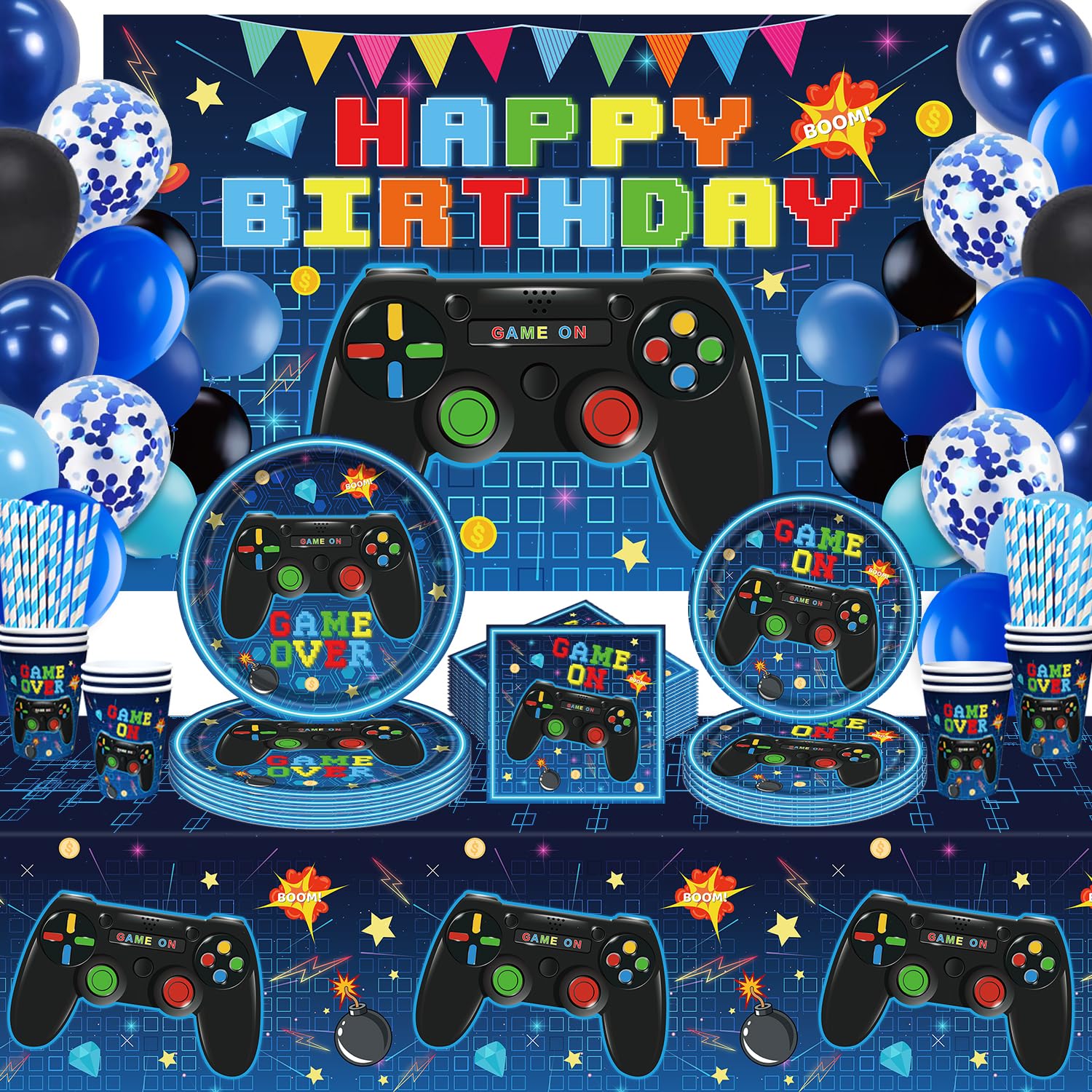 146 Pezzi Decorazioni per Compleanno a Tema Videogioco Accessori per Giochi Set di Stoviglie per Feste di Videogiochi Compreso Sfondo, Piatti e Tovaglia per Decorazioni di Compleanno Bambini per 20