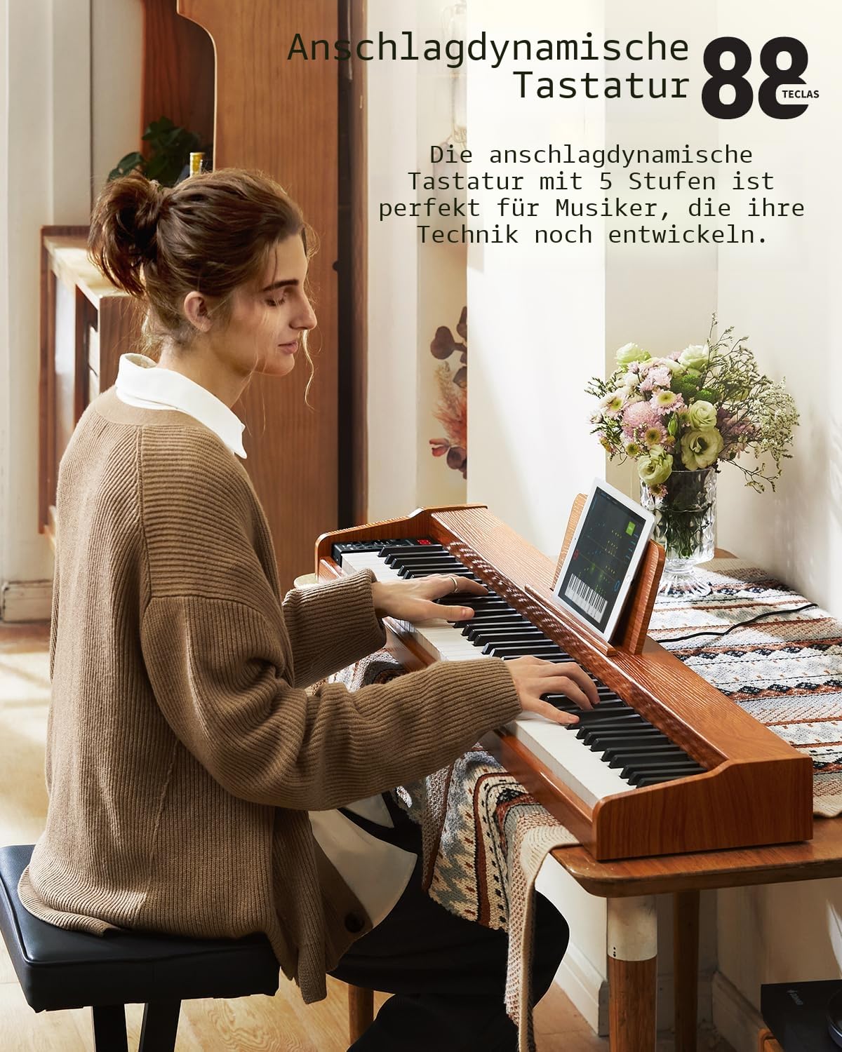 Donner DEP-1S Digitalpiano mit 88 Tasten, Anschlagdynamisches E-Piano für Anfänger, mit Bluetooth, USB-MIDI, 128 Klängen, 100 Rhythmen, Klappständer, Sustainpedal, Tastenaufkleber & Netzteil