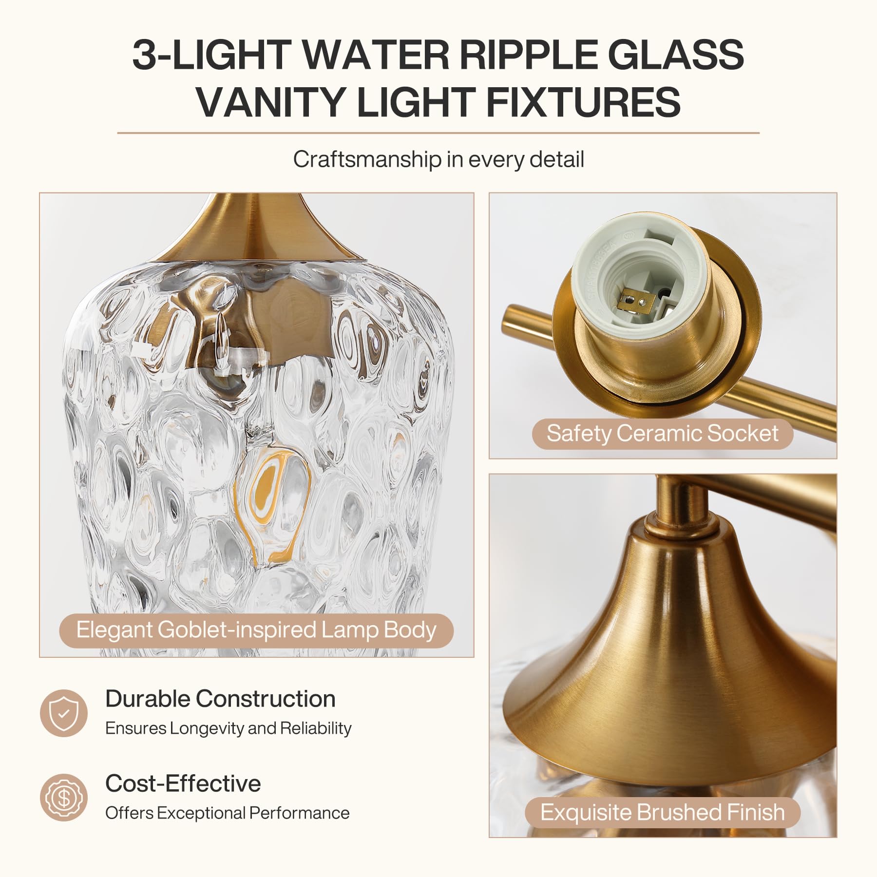 Tribesigns - Aplique de pared de baño (3 luces, modelo dorado, con pantallas de cristal corrugado, casquillos E27. Ideal para espejos de baño, cocina, pasillo y dormitorio. Am