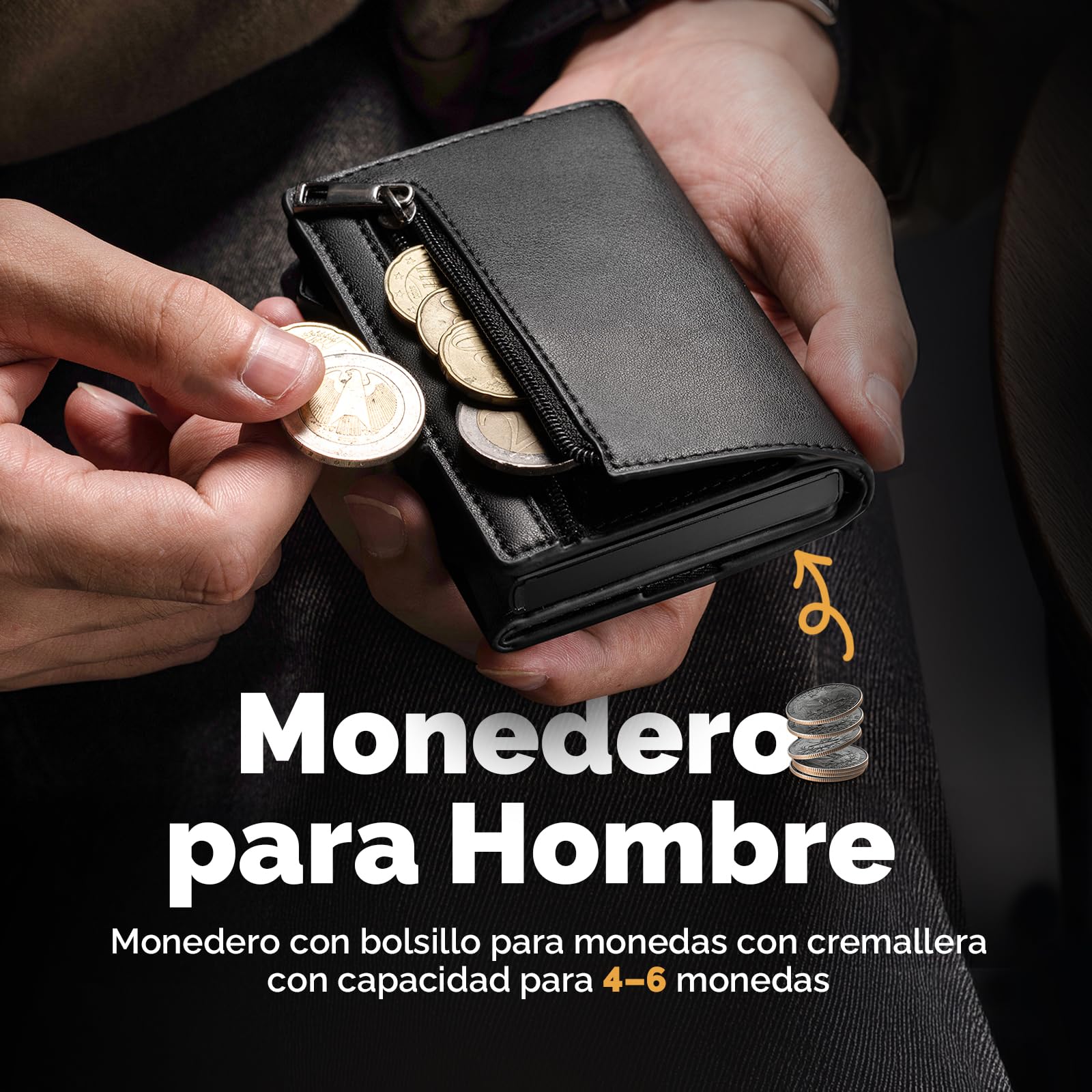 Cartera para Hombre, Cartera RFID Smart Wallet for Men, Compact Monedero para Hombre para 12 Tarjetas, Monedero con Compartimento para Monedas y ID Ventana