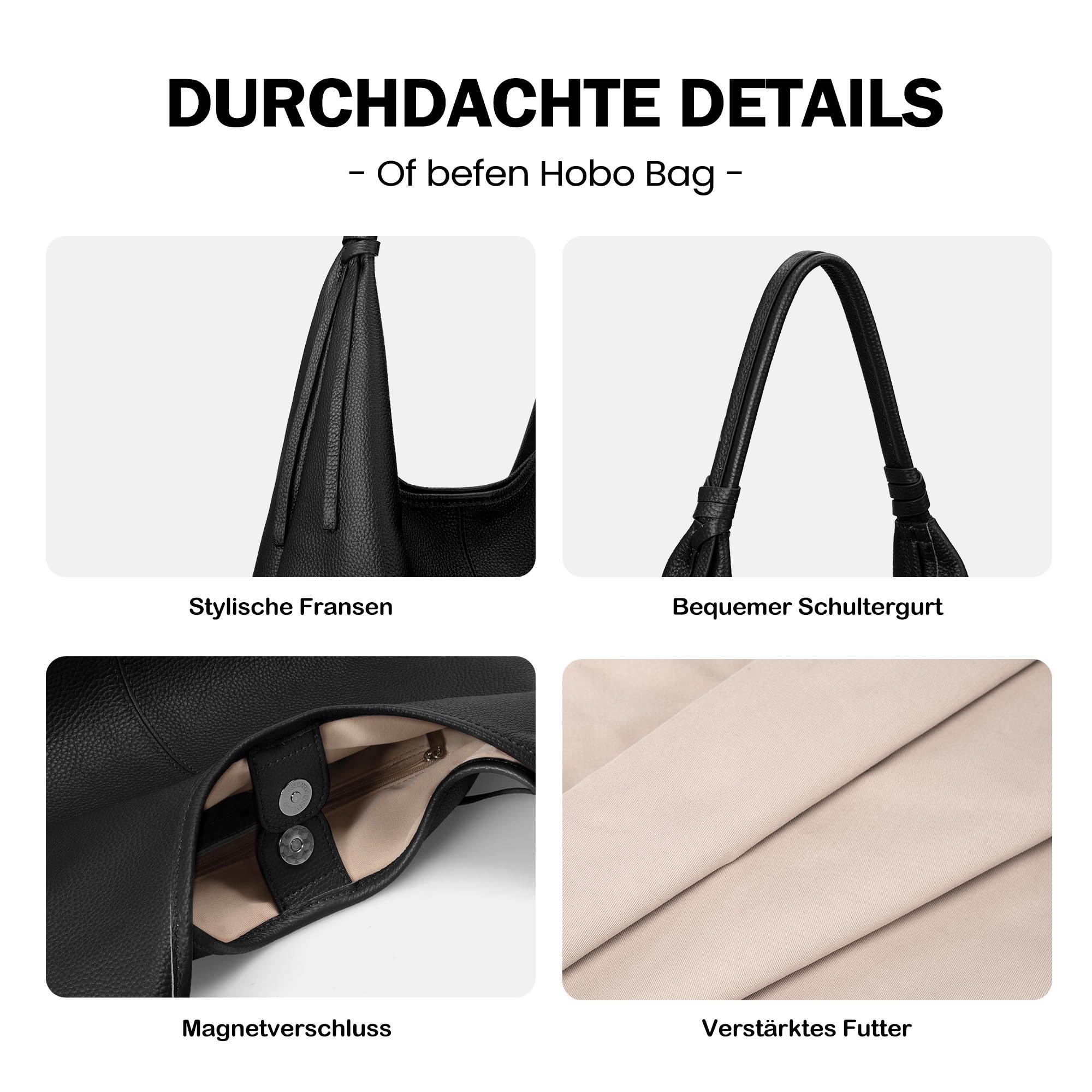 befen Echtleder Handtasche Damen Groß Shopper Tasche, Leder Schultertasche Slouchy Tote Bag Hobo Tasche Umhängetasche für Arbeit Schule - Einfache Klassische Elegante