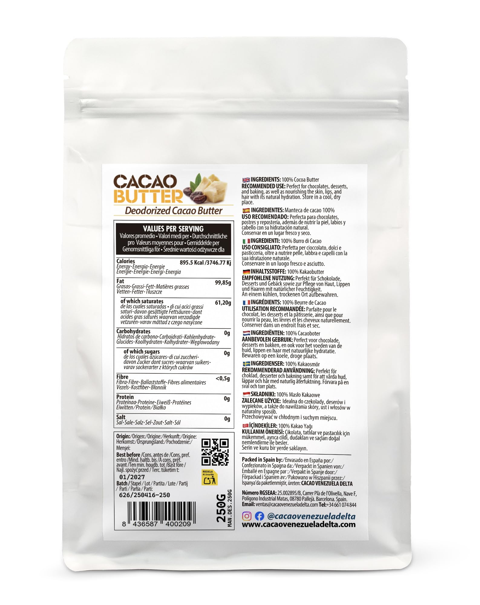 Cacao V Delta Burro Di Cacao Deodorato Alimentare e per Cosmesi 250g - Puro, Non Raffinato - Cheto, Paleo, Vegano, Senza Glutine - Per Dolci e Cioccolato - Antiossidanti, Acidi Essenziali