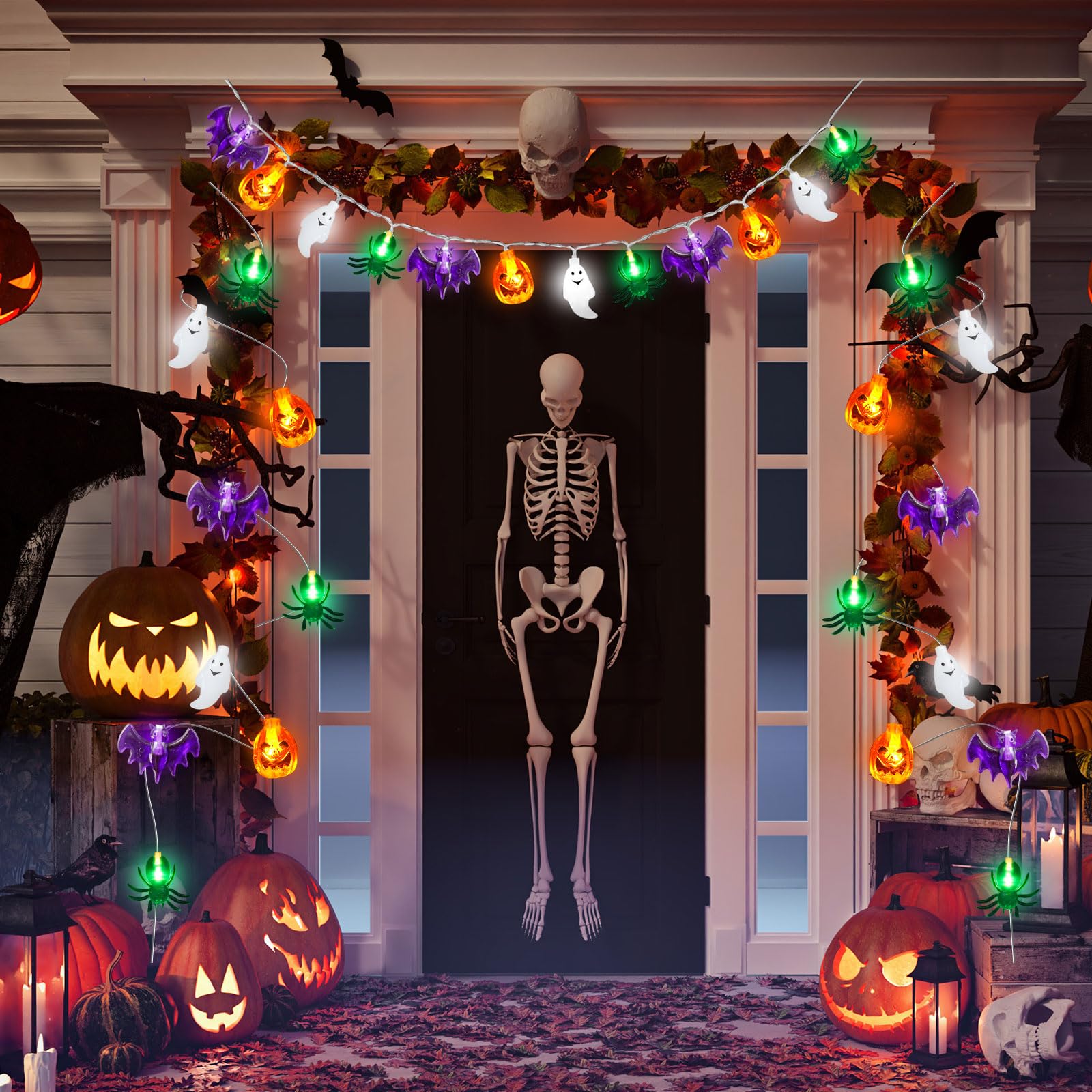 Luci decorative per Halloween, 6 m, 40 LED, 3D, zucca, pipistrello, fantasma, ragno, a batteria, luci scintillanti impermeabili per casa, porta, portico, interni ed esterni, decorazione per feste di