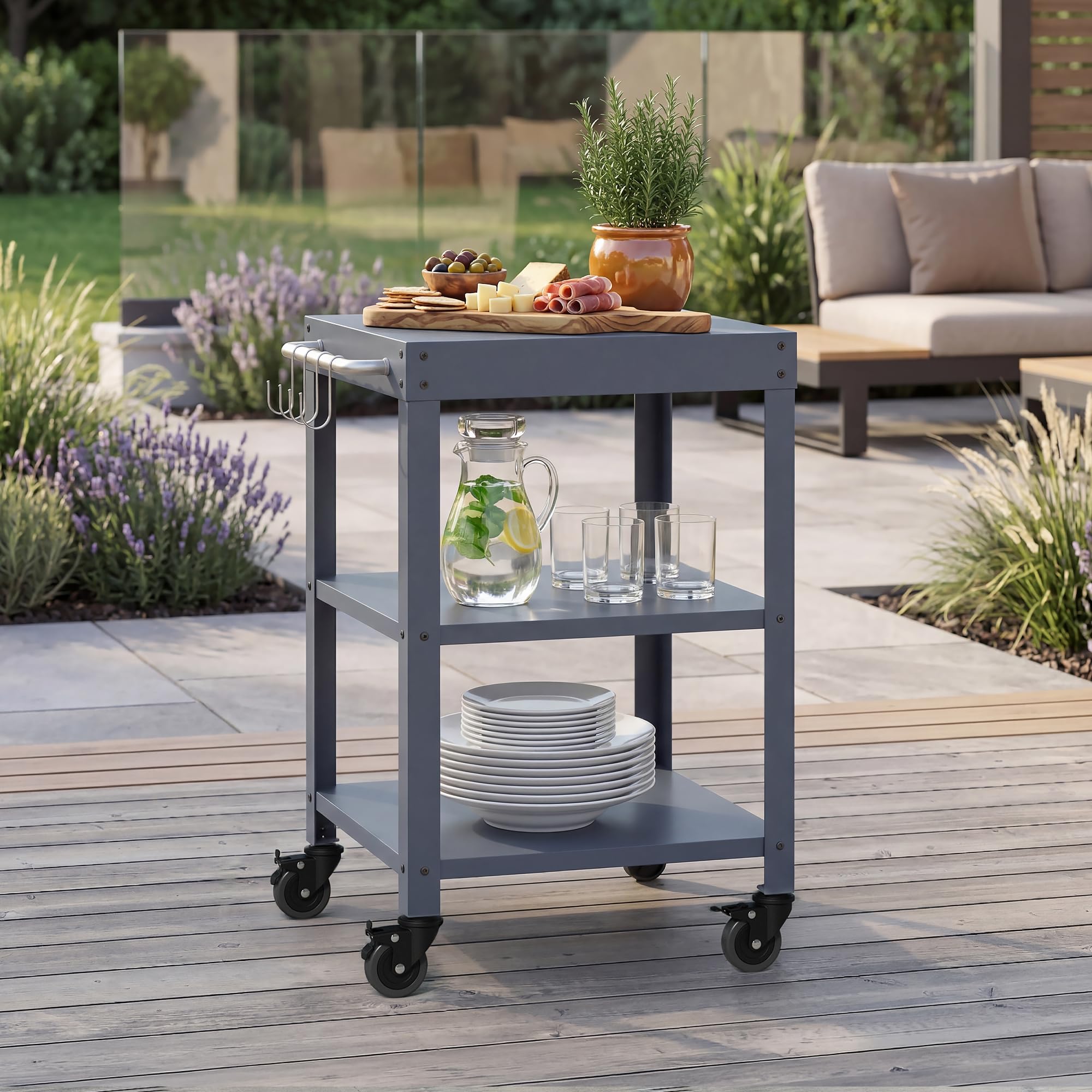 casa.pro Carrello Portavivande da Giardino in Acciaio con 3 Ripiani e Ruote Carrello Portatutto Da Cucina Servizio Portata a Rotelle 81x50x50 cm - Grigio Scuro opaco