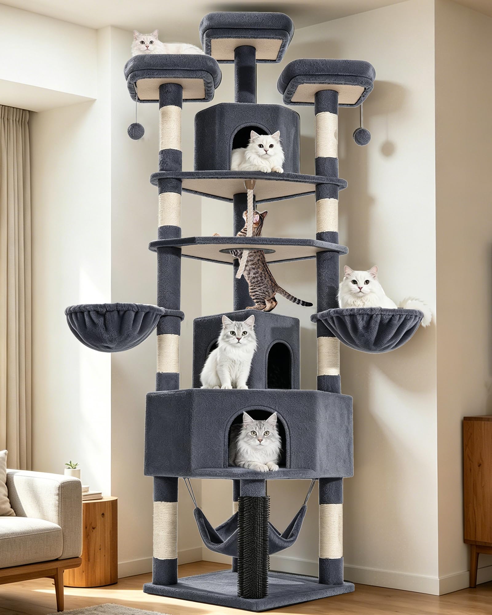 Kratzbaum Groß, 220 cm XXL katzenkratzbaum, Dunkelgrau | Großen Höhlen, 3 Plattformen, 8 Sisalstämmen, Hängematte, Katzenbürsten, Körben, Dickem Sisalseil, für Innenräume FPMS011FG2