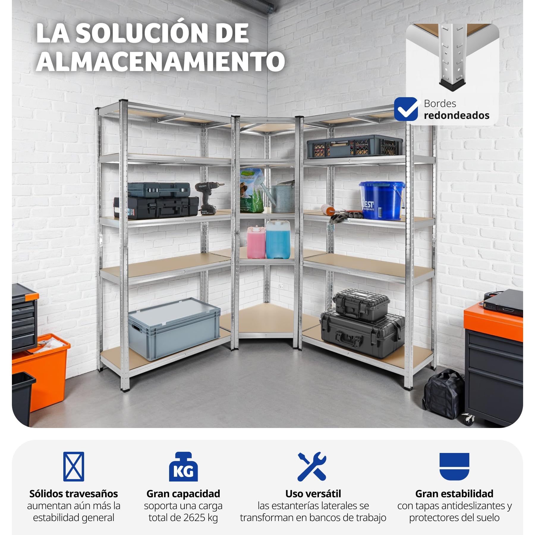 tectake® Estantería para Cargas Pesadas, 3 Partes, 15 Estantes, Estructura de Acero Galvanizado, Capacidad de Carga 2625 kg, Ajustable en Altura, Convertible en Bancos de Trabajo, Bordes Redondeados