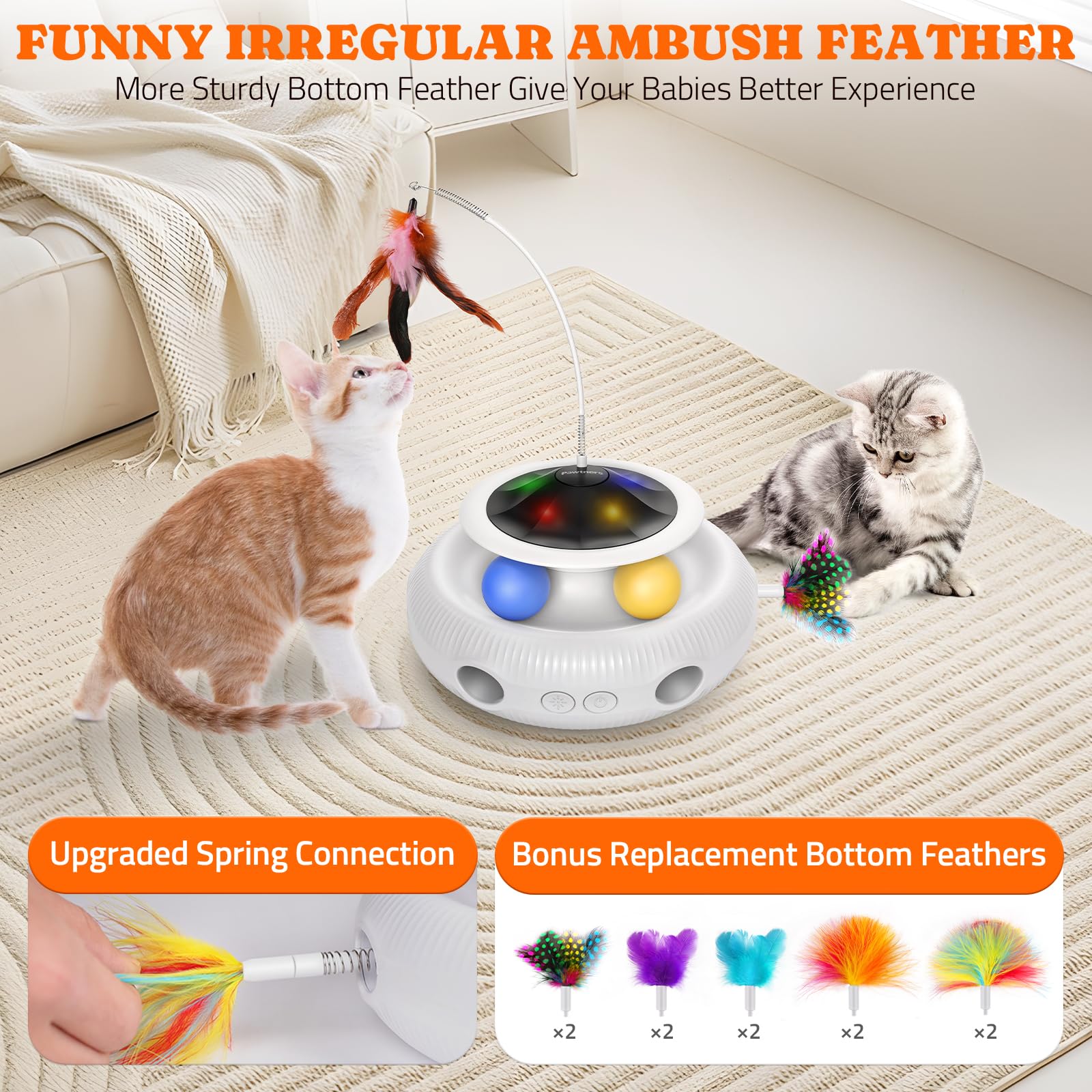 Pawtners Interactive-Cat-Toy 3 in 1 Automatic Interactive Kitten Toys for Indoor Cats Rechargeable with Fluttering Butterfly, Track Balls and Ambush Feather