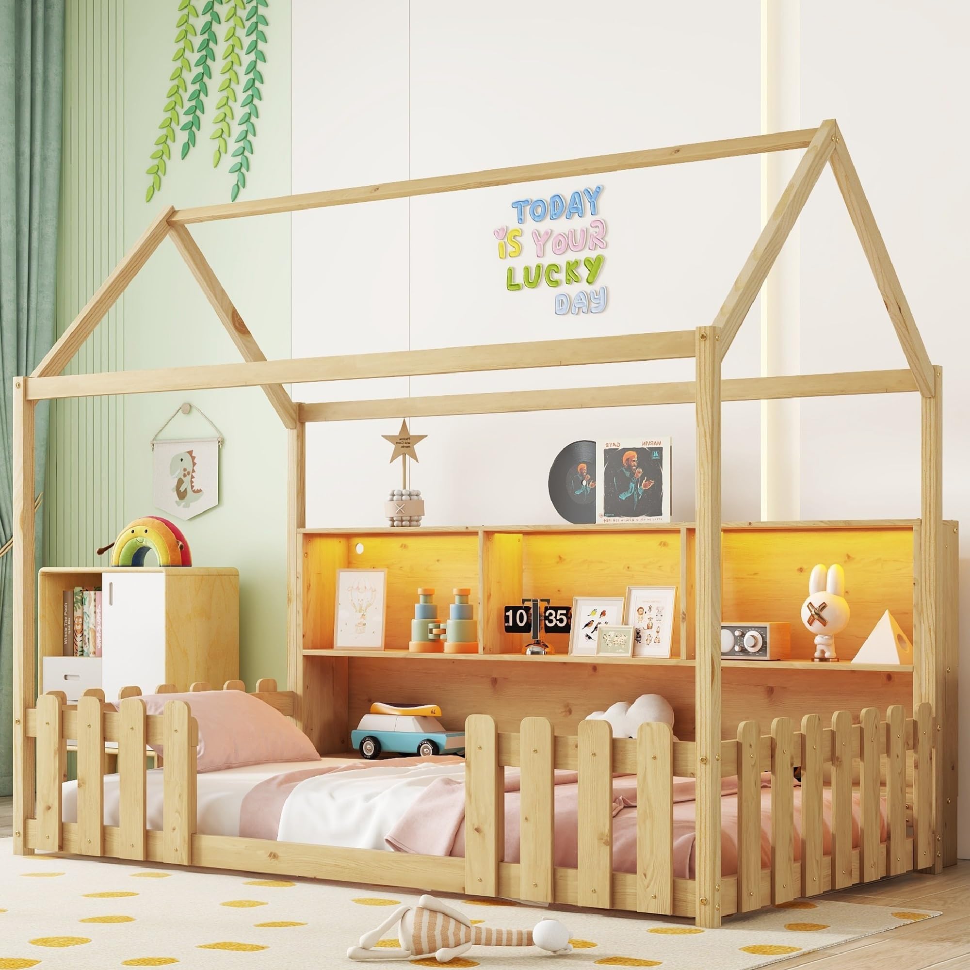 KEIKI Twin Size Floor Bed, Wooden Montessori Bed Frame with Storage Shelf & LED Light, Space Saving Kids House Beds for Boys Girls Bedroom, Safety