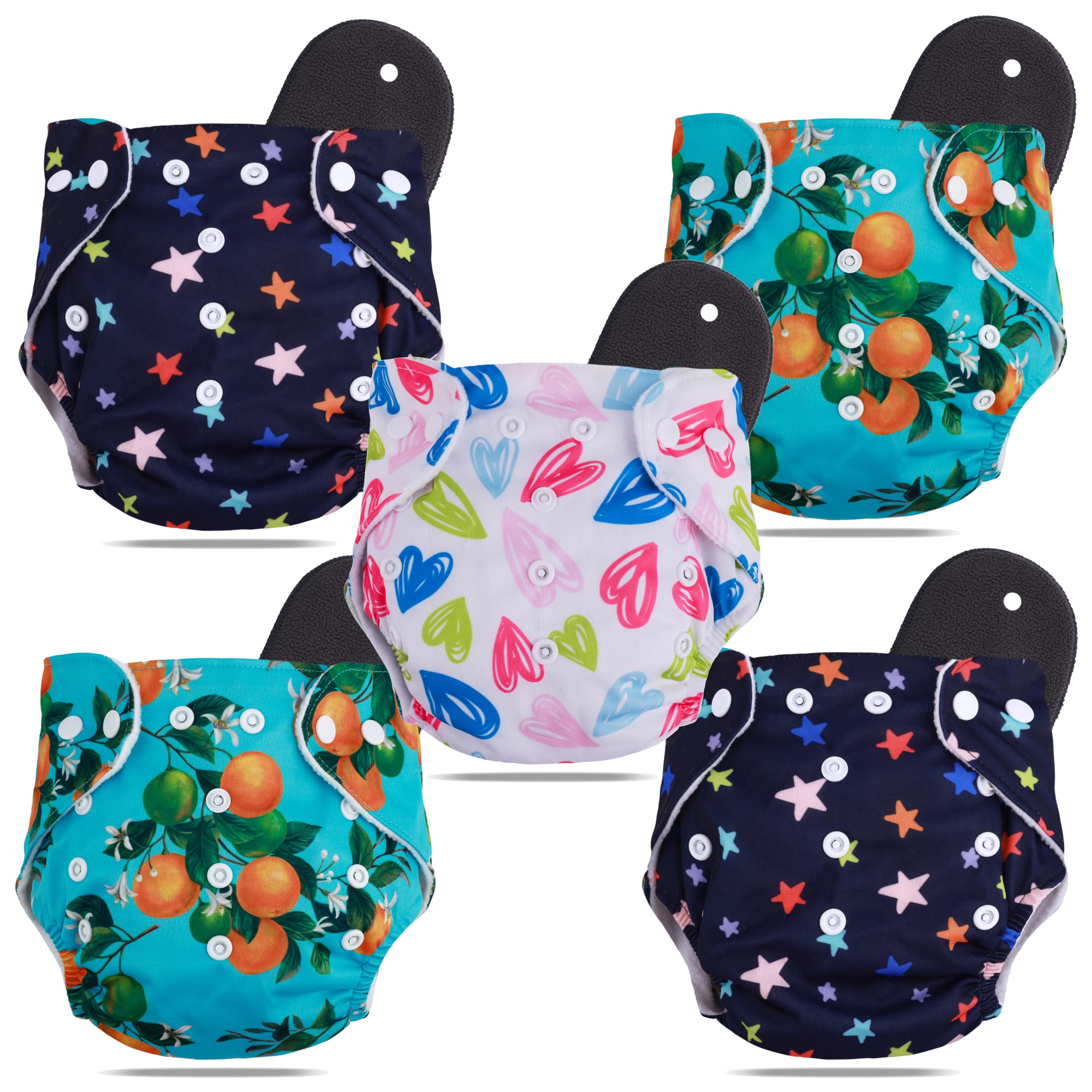 Novo Baby Leakage Proof Reusable Cloth Diaper With 5 Layer High absorbent Pad | Reusable Nappies| Freesize for Kids 0-3 Yrs | washable diapers (Pack of 5)