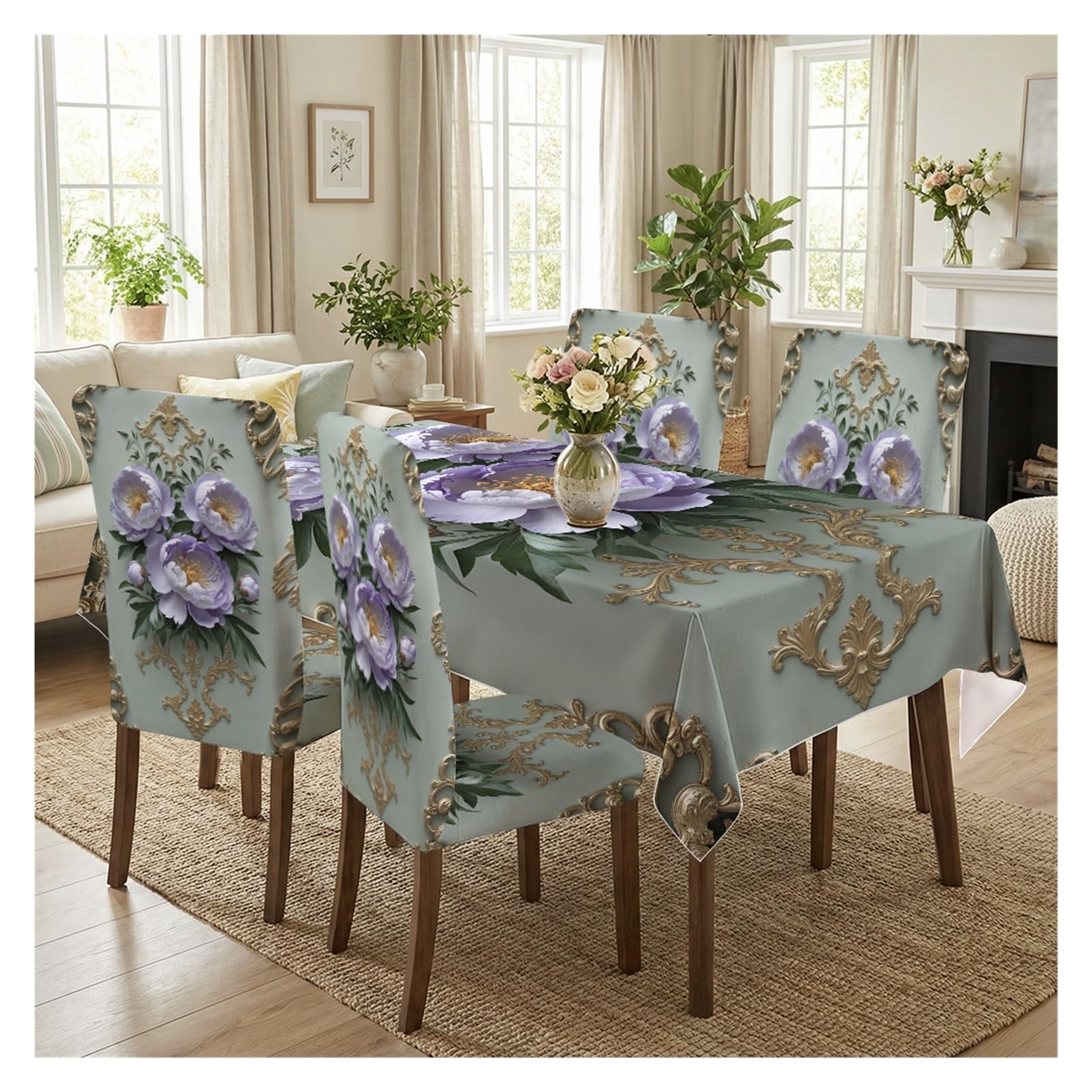 BOSUYBN Sage Green Base Purple Peony Gold Baroque Frame Printed Dining Tablecloth & Chair Covers Set, 5/7 Piece Luxury Victorian Elegant Home Decor Table Setting(5pcs Set: Tablecloth+Chair Covers)
