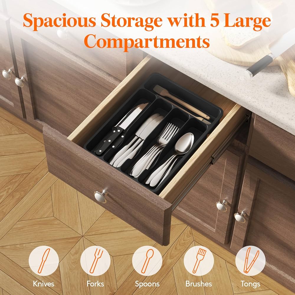 Lifewit Cutlery Drawer Organiser, Plastic Cutlery Tray For Kitchen Drawer, Utensil Flatware Silverware Holder Divider For Spoons Forks Knives Tableware, 5 Compartment, Grey