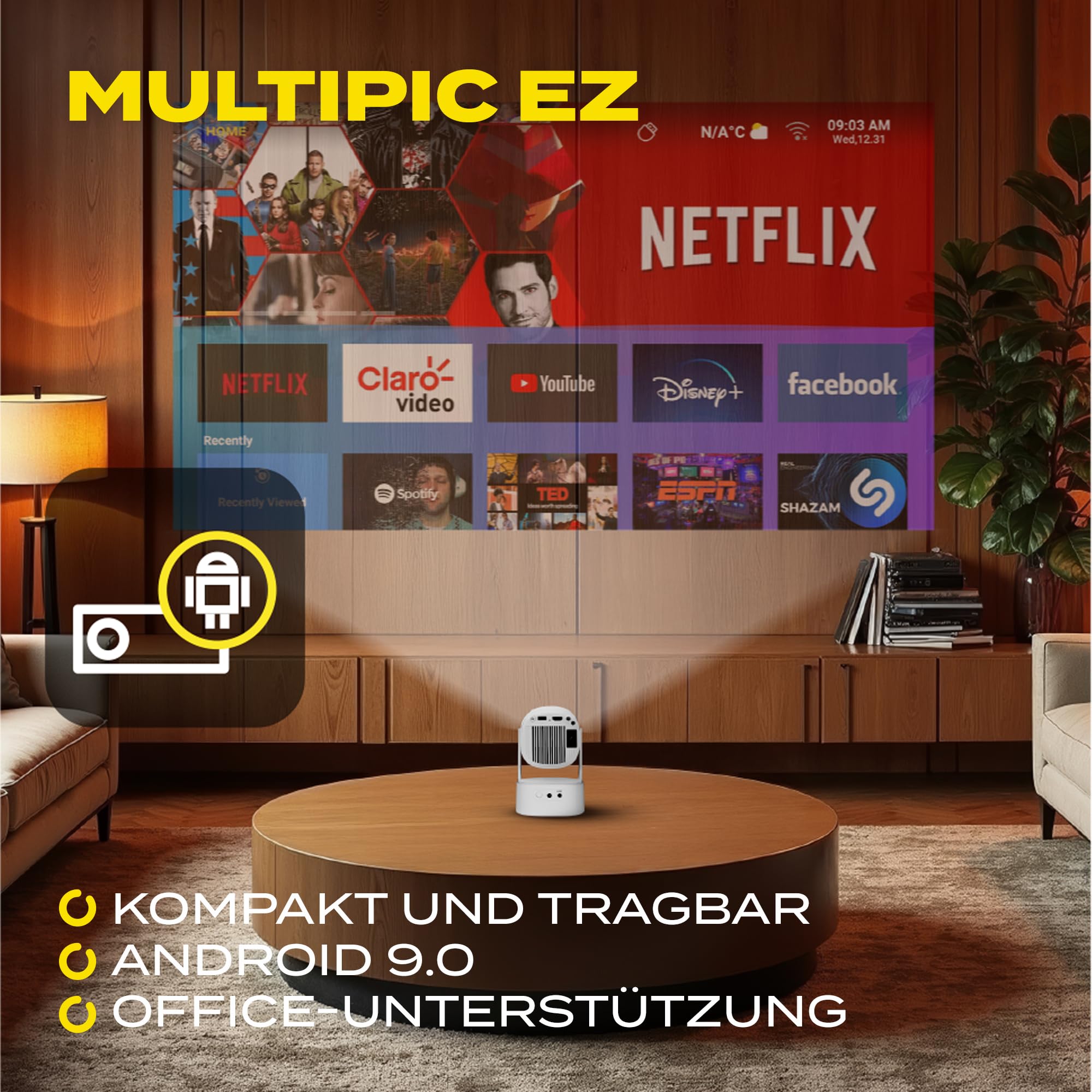 OVERMAX MULTIPIC EZ Mini Projektor 4K FullHD, 120 Min. Akkulaufzeit 5000mAh, Trapezkorrektur, Bild bis zu 200", Wi-Fi, Bluetooth, 2000 Lumen 120 ANSI, Nightsky & Ambiente, Fernbedienung, Android