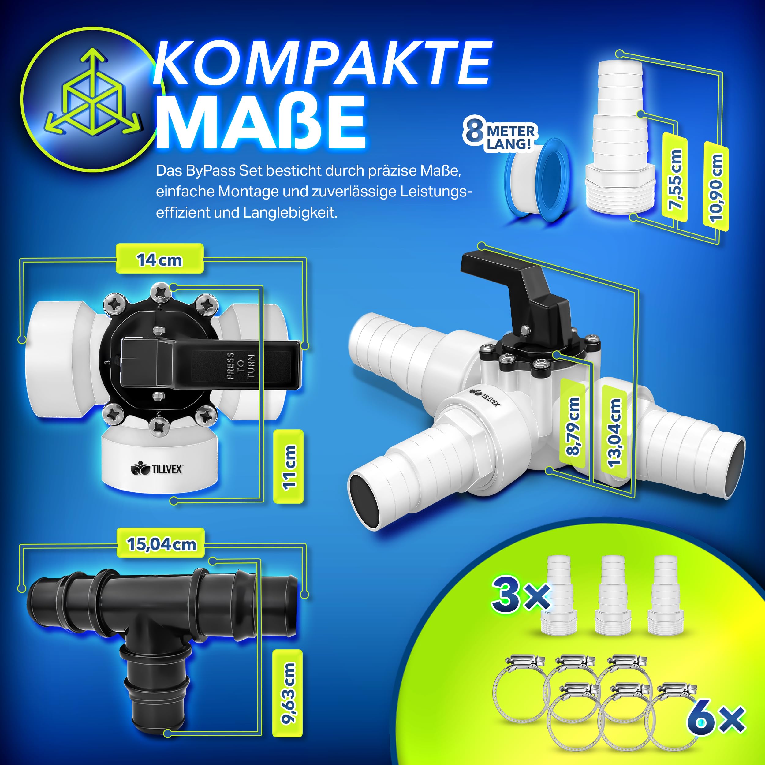 tillvex® Bypass Set Pool 12-TLG. - Ø32 & 38 mm Anschluss | 3-Wege-Ventil & ABS-Adapter | 6X Schlauchschellen & 8m Isolierband – ideal für Sandfilteranlagen, Wärmepumpen & Poolheizung