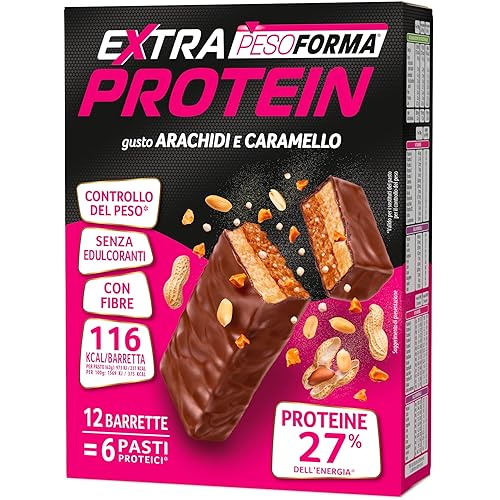 Immagine del prodotto PESOFORMA EXTRA PROTEIN, Barrette Proteiche al Gusto Arachidi e Caramello, Pasto Sostitutivo con Vitamine e Minerali, Per il Controllo del Peso, Confezione da 12 Barrette, 372 g