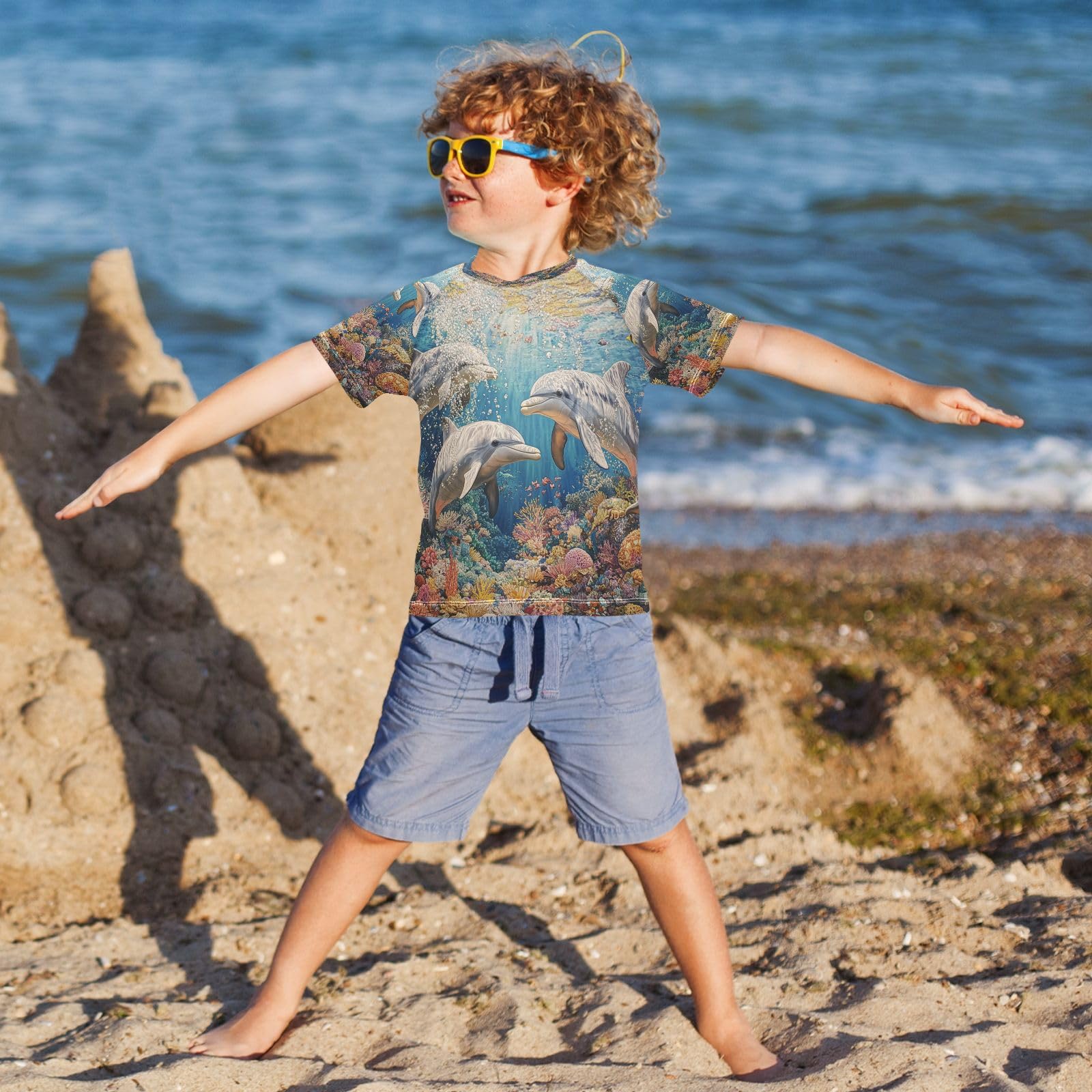 Toddler Boy Rash Guard Short Sleeve Swim Shirt Dolphin Print Rashguard 9-10T Beach Shirts Quick Dry,010