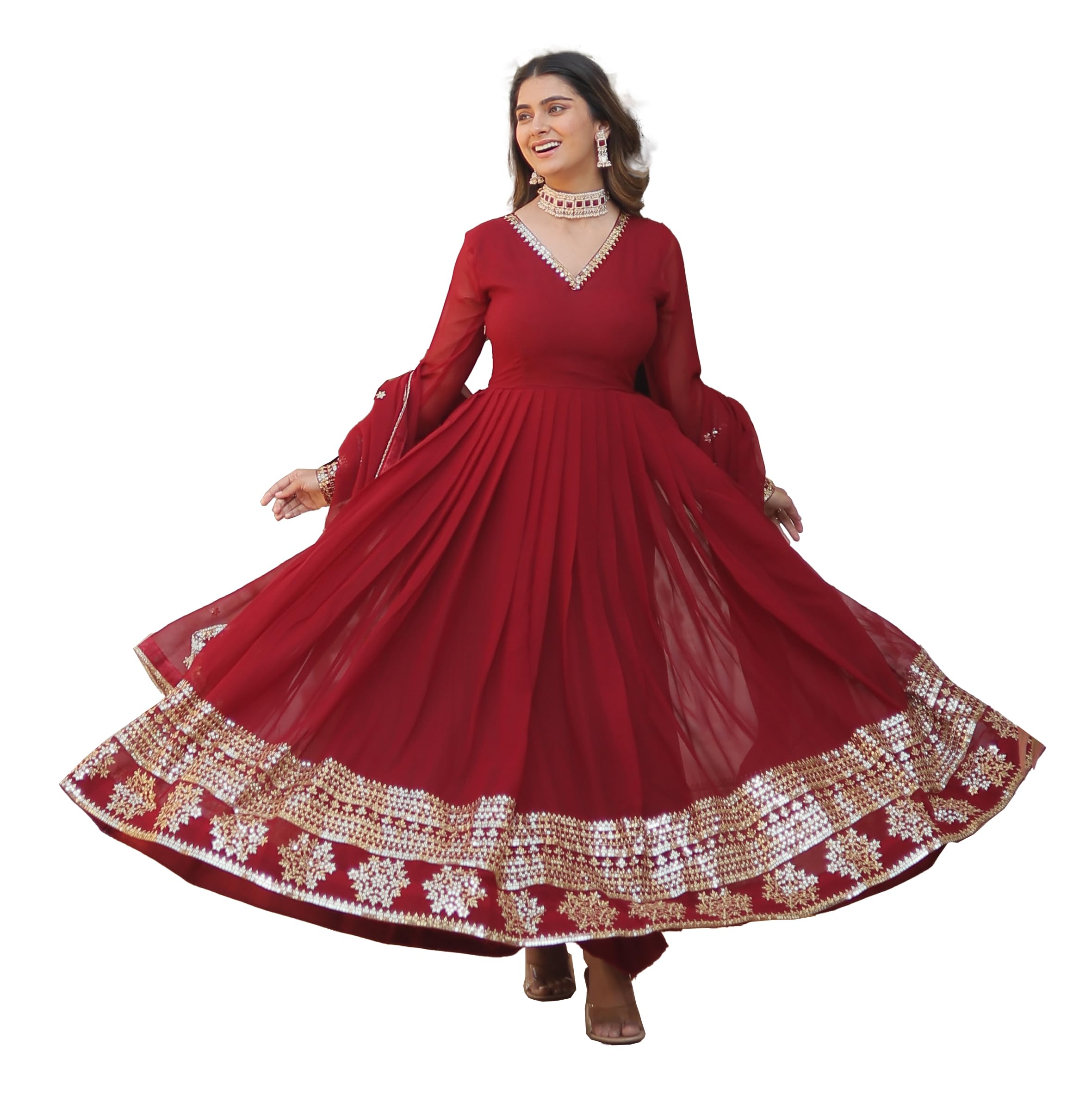 Fashion Basket Women's Multi Georgette Anarkali Kurta Set With Duptta For Women (Maroon, M)